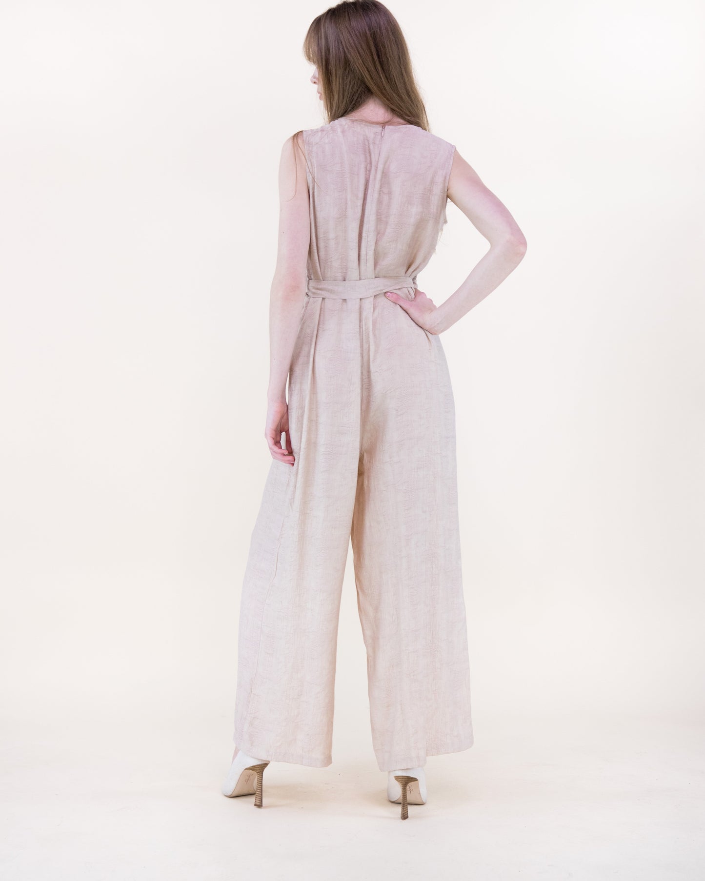 Crepe Jacquard Sleeveless Belted Jumpsuit