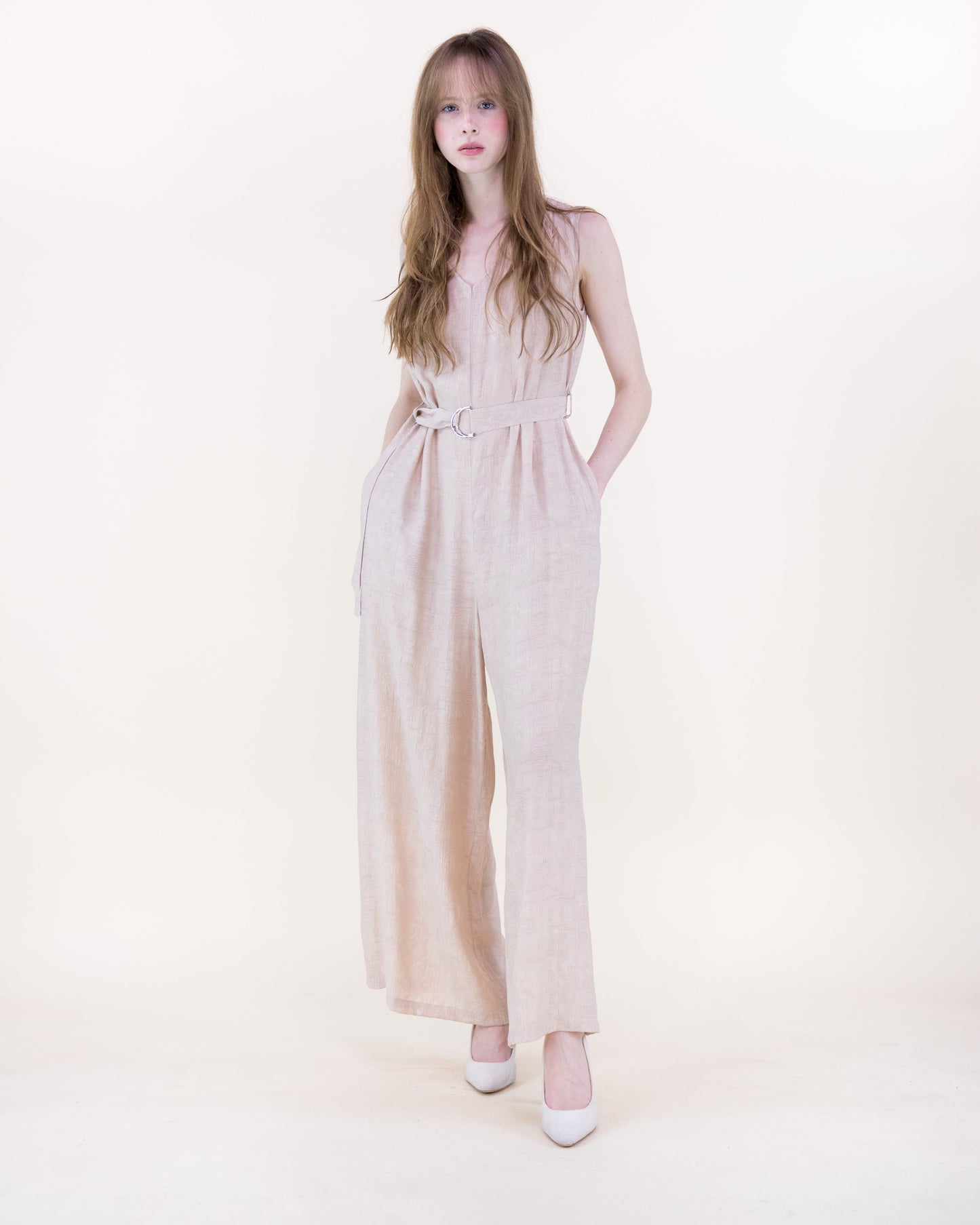 Crepe Jacquard Sleeveless Belted Jumpsuit