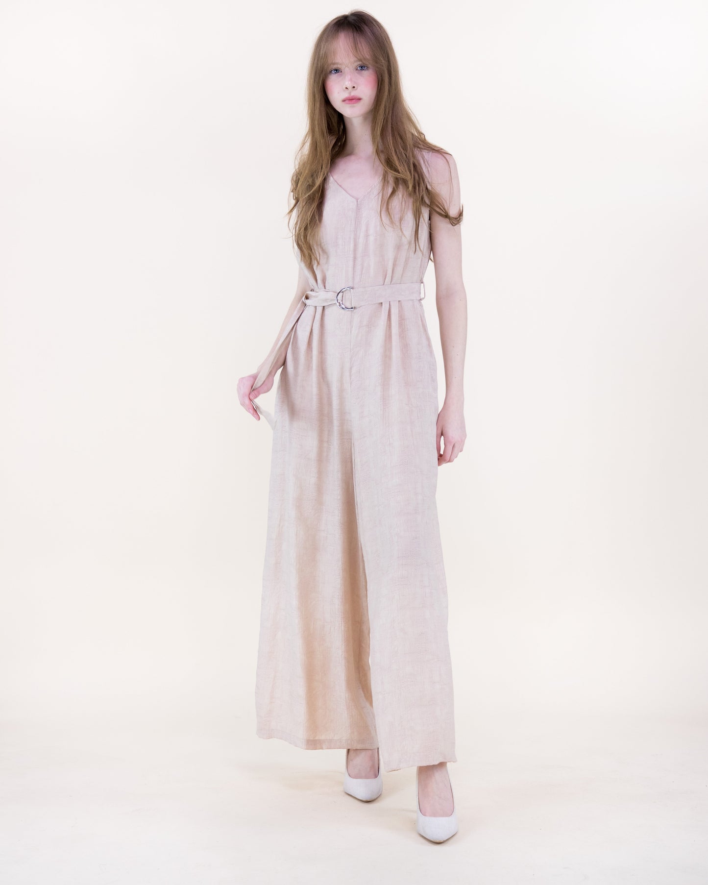 Crepe Jacquard Sleeveless Belted Jumpsuit