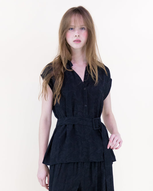 Crepe Jacquard Asymmetric Belted Shirt