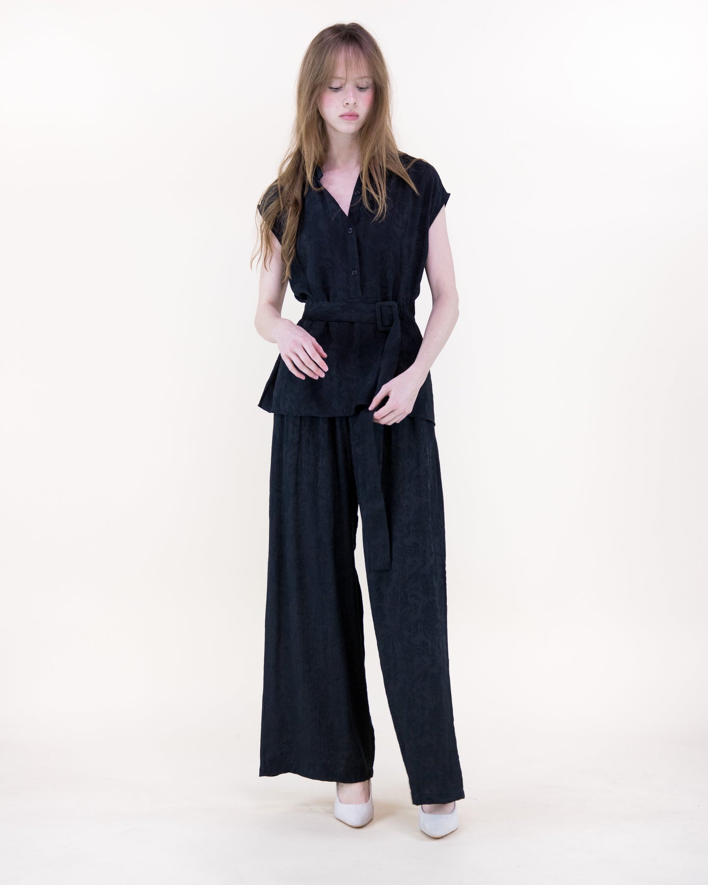Crepe Jacquard Asymmetric Belted Shirt
