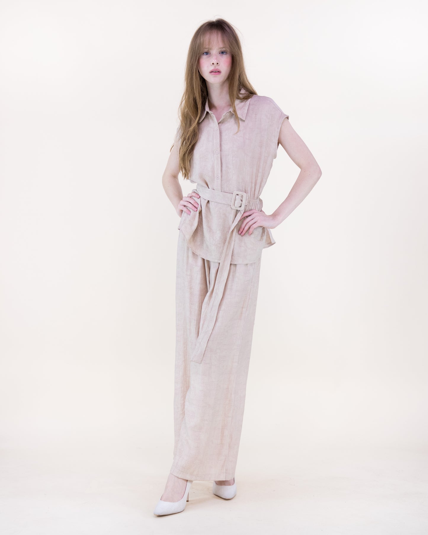 Crepe Jacquard Asymmetric Belted Shirt