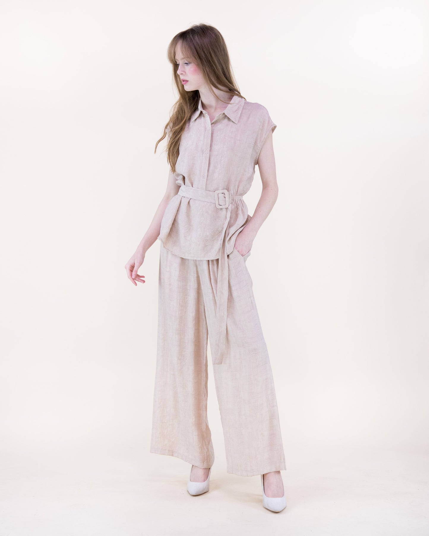 Crepe Jacquard Asymmetric Belted Shirt