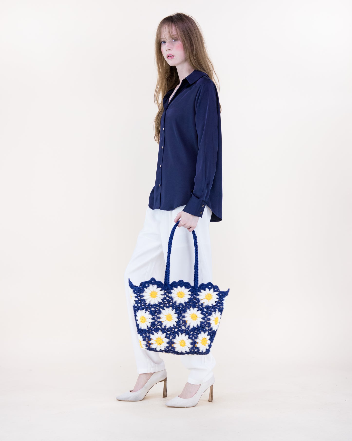 Hand Knitted Crochet Daisy Tote Bag