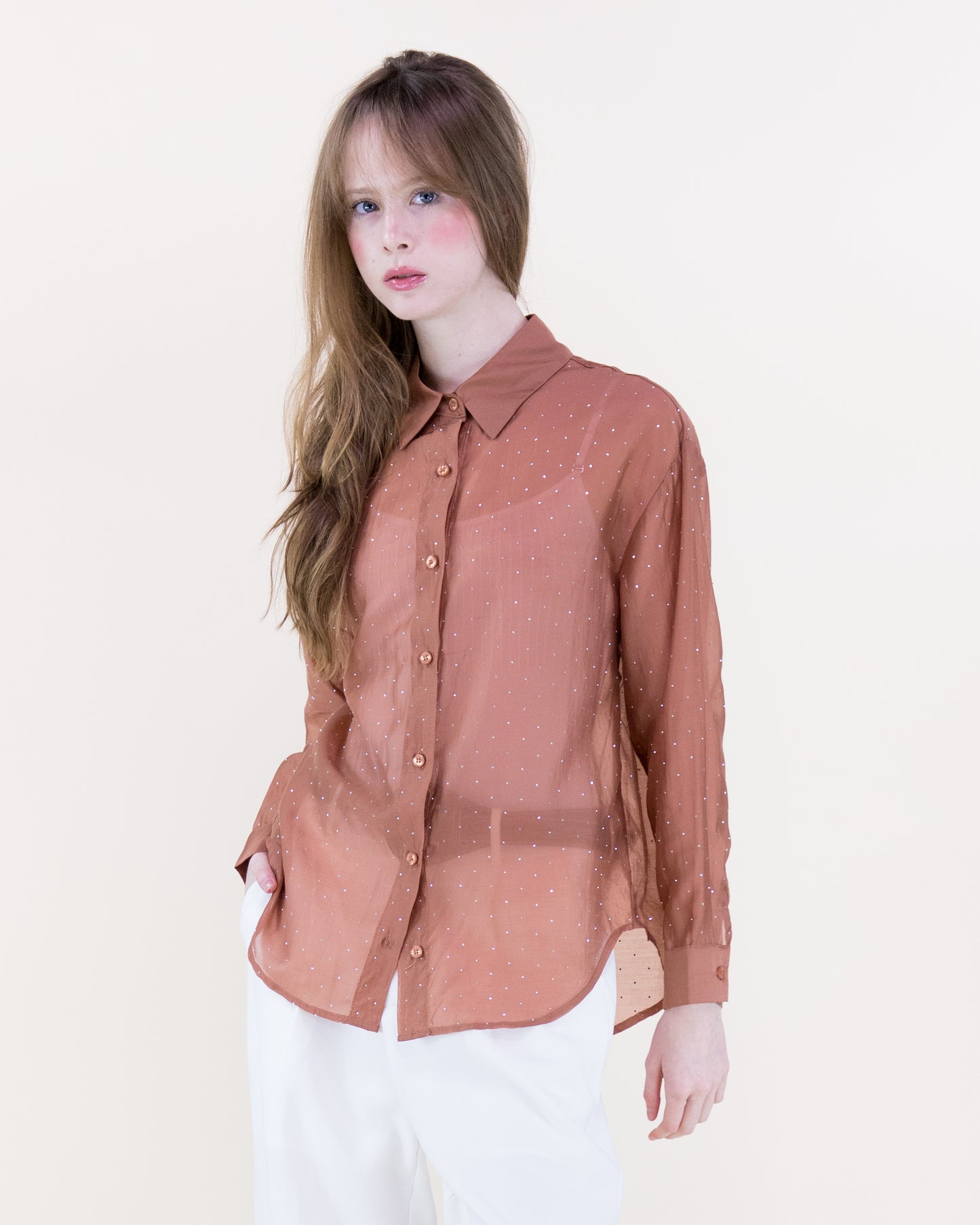 Atelier Shimmer Rhinestone Button Up Blouse