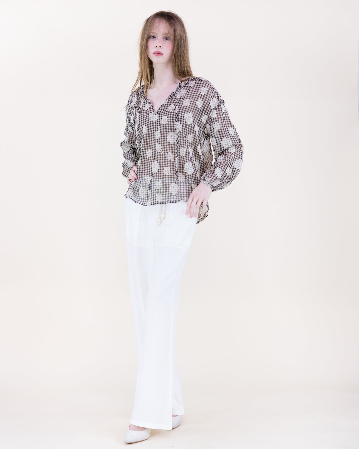 Gingham Floral Boho Blouse