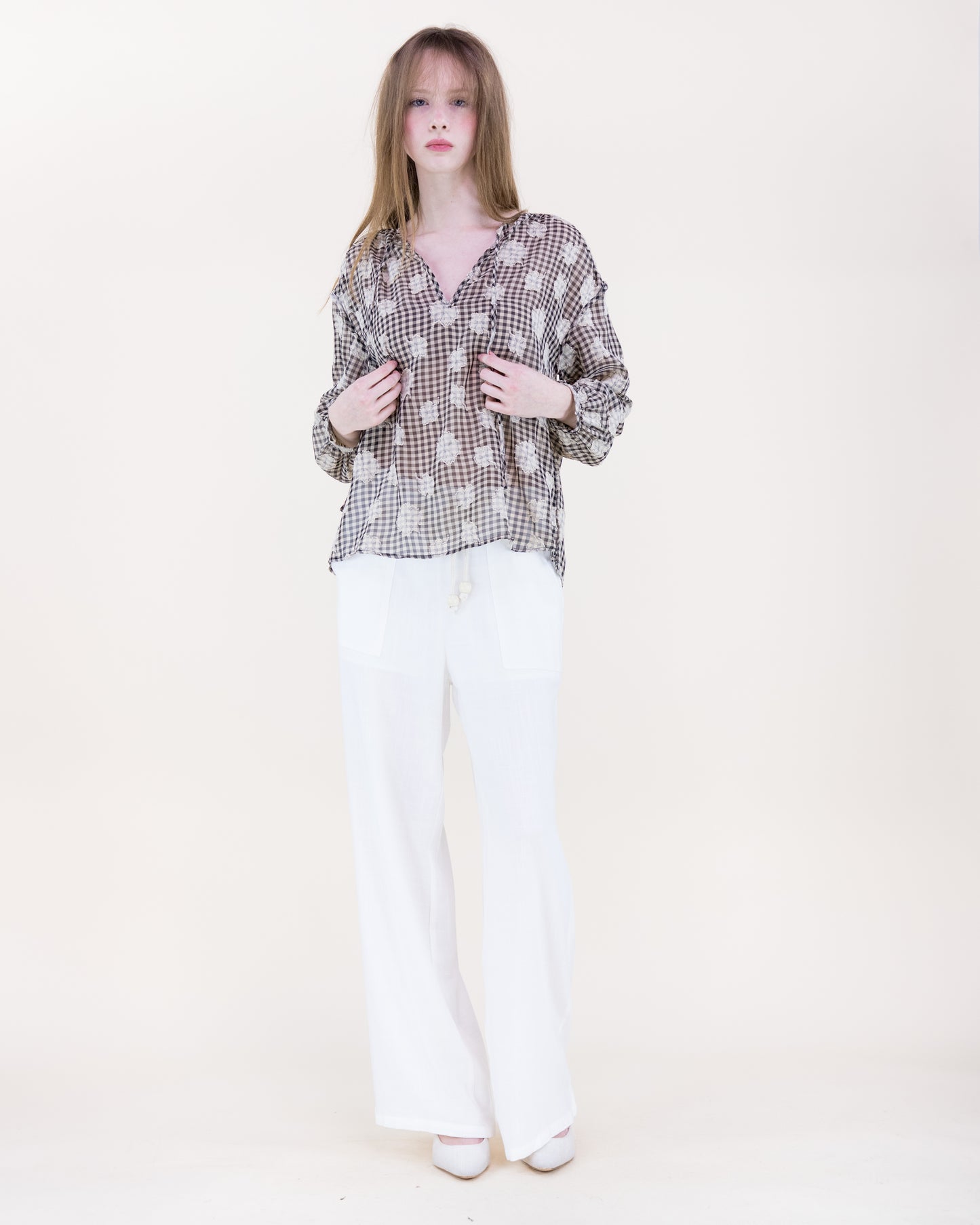 Gingham Floral Boho Blouse