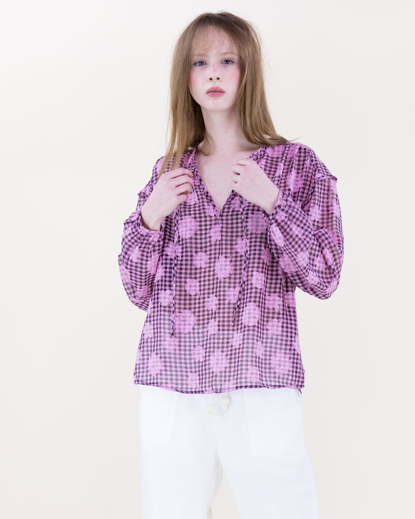 Gingham Floral Boho Blouse