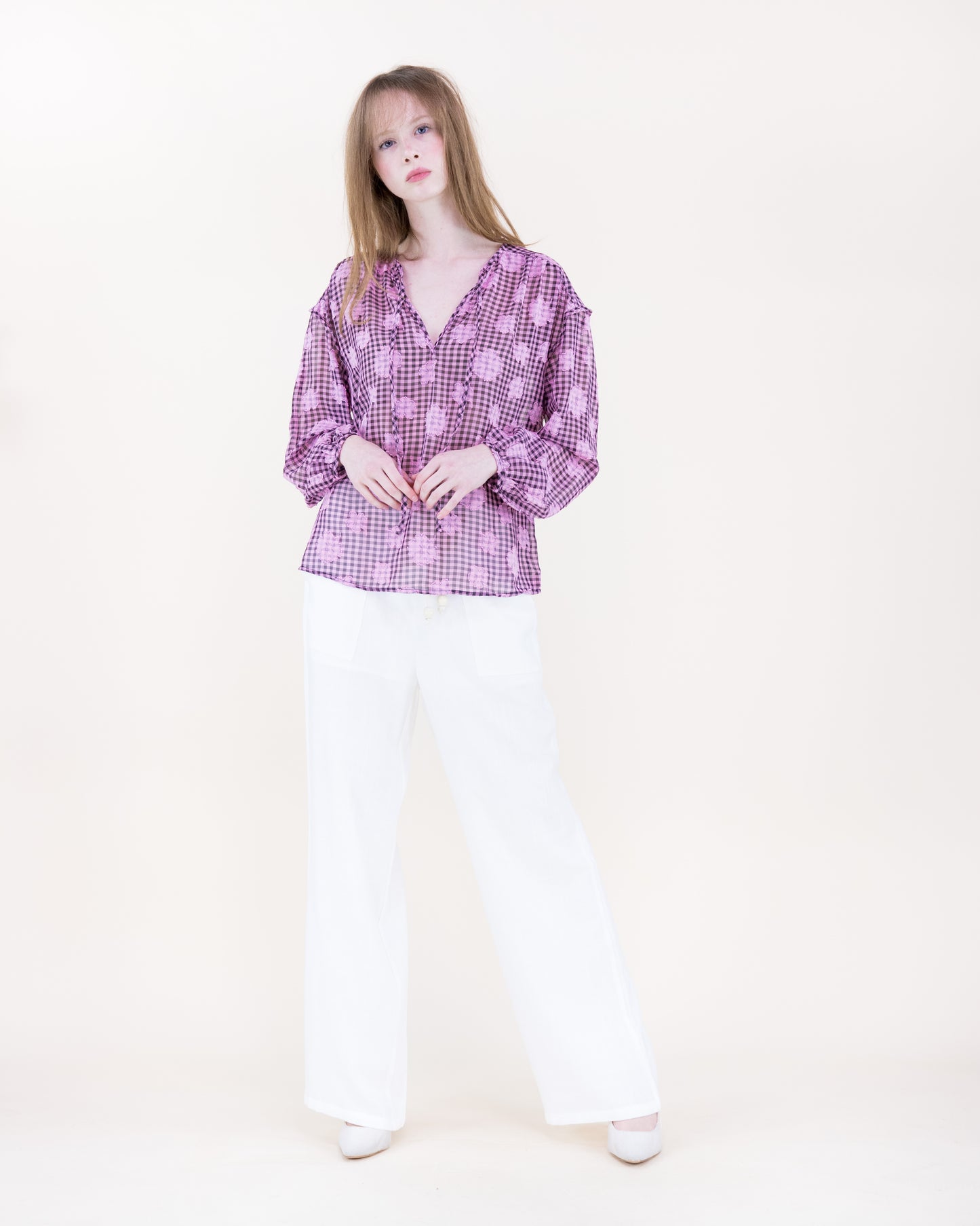 Gingham Floral Boho Blouse
