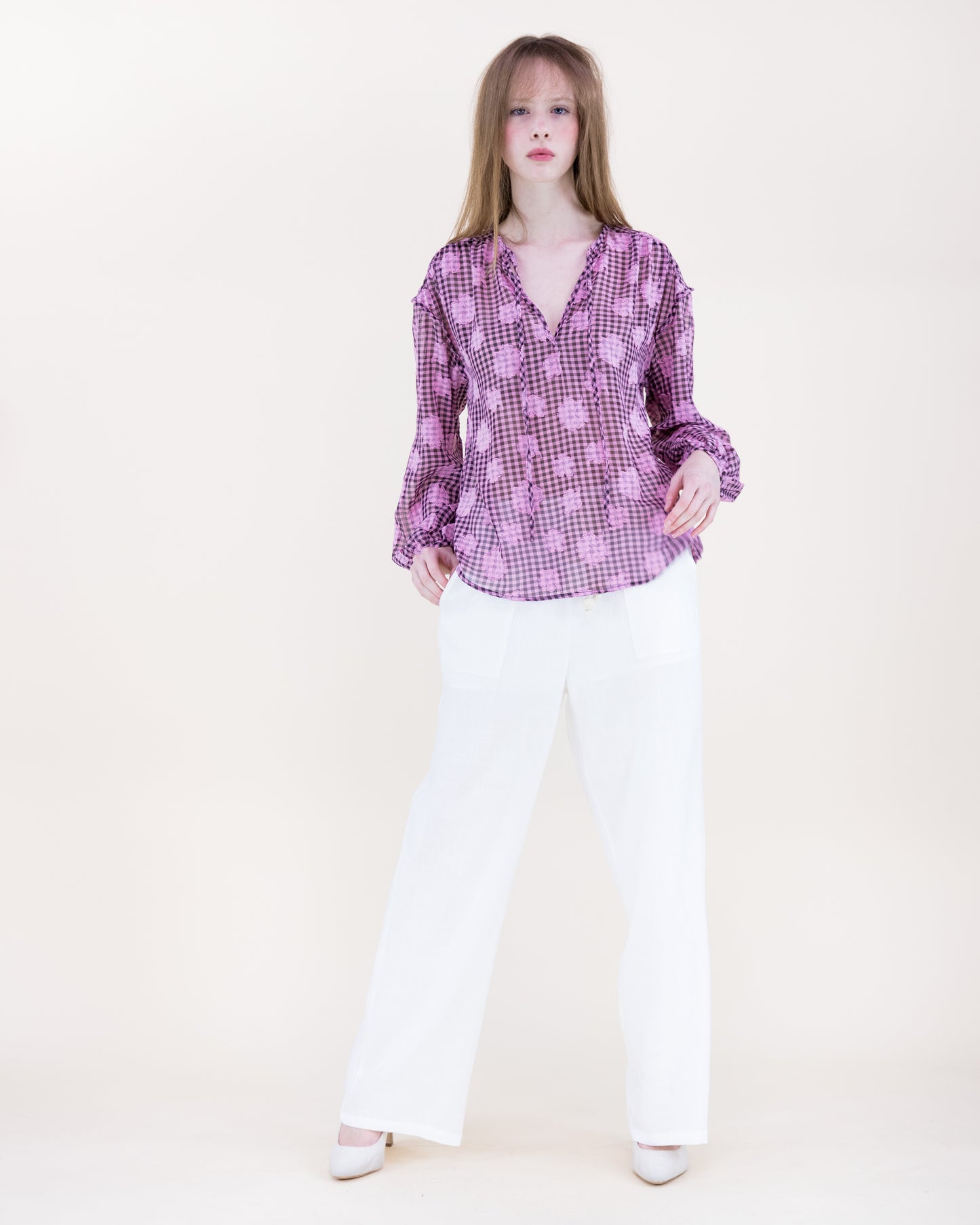 Gingham Floral Boho Blouse