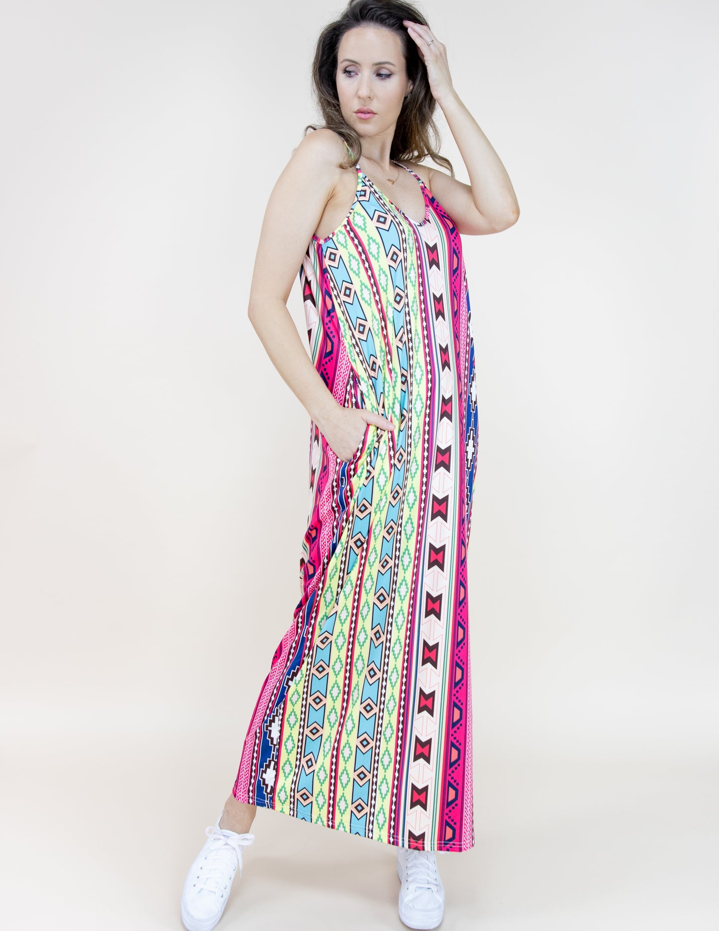 Aztec Serape Printed Sleeveless Long Dress