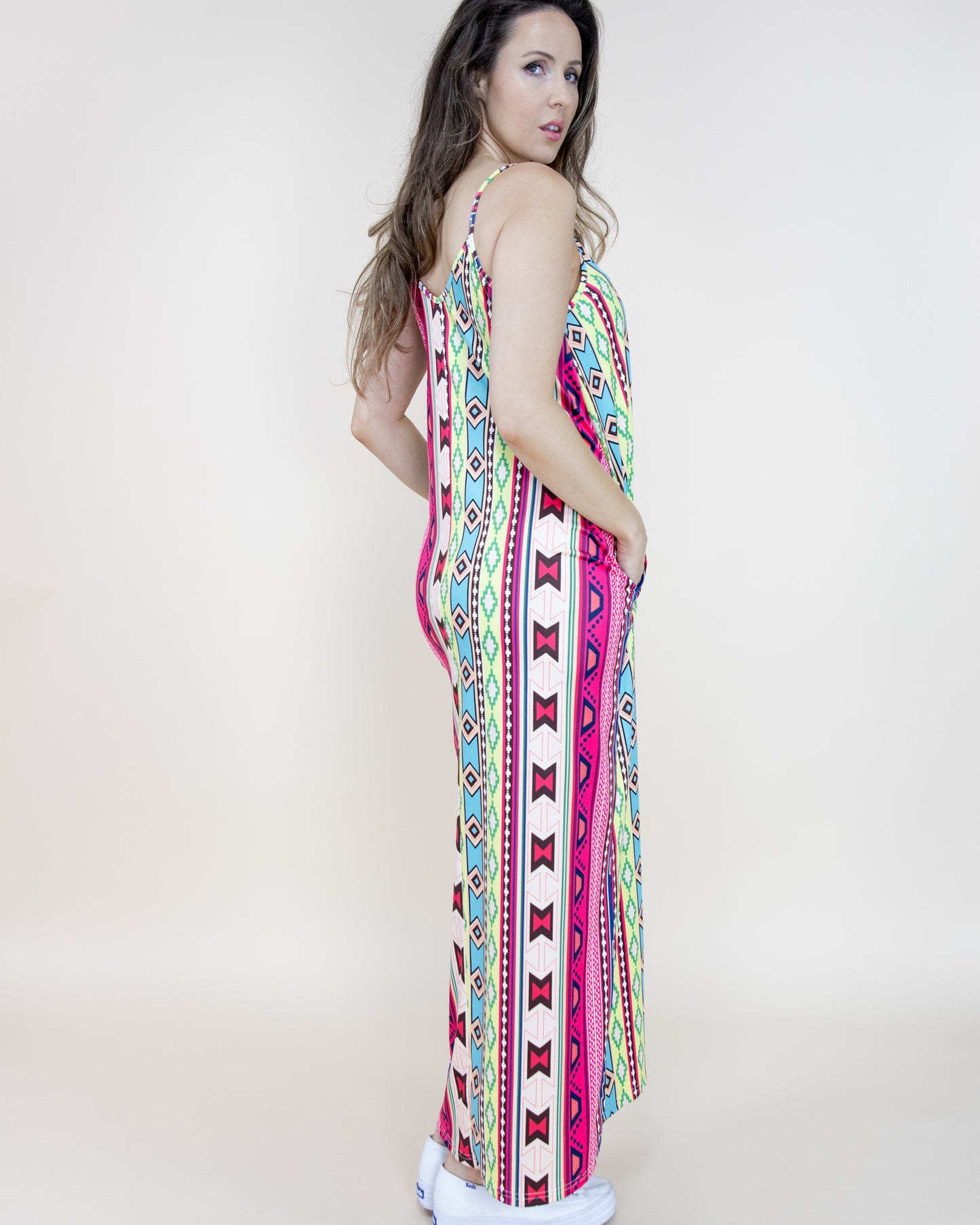 Aztec Serape Printed Sleeveless Long Dress
