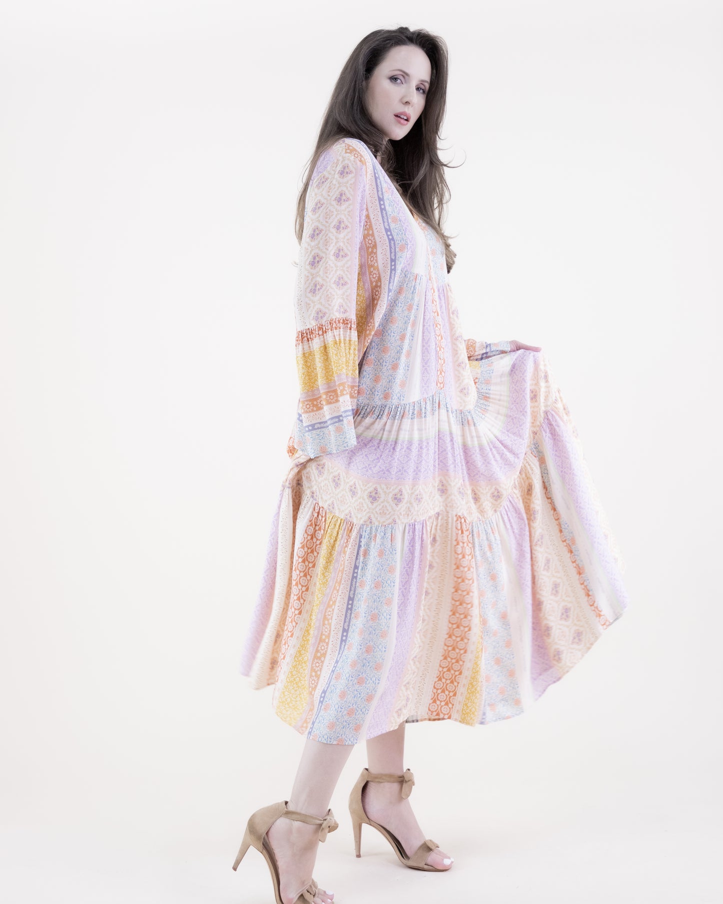 Floral Striped Drop Waist Tiered Shirt Dress