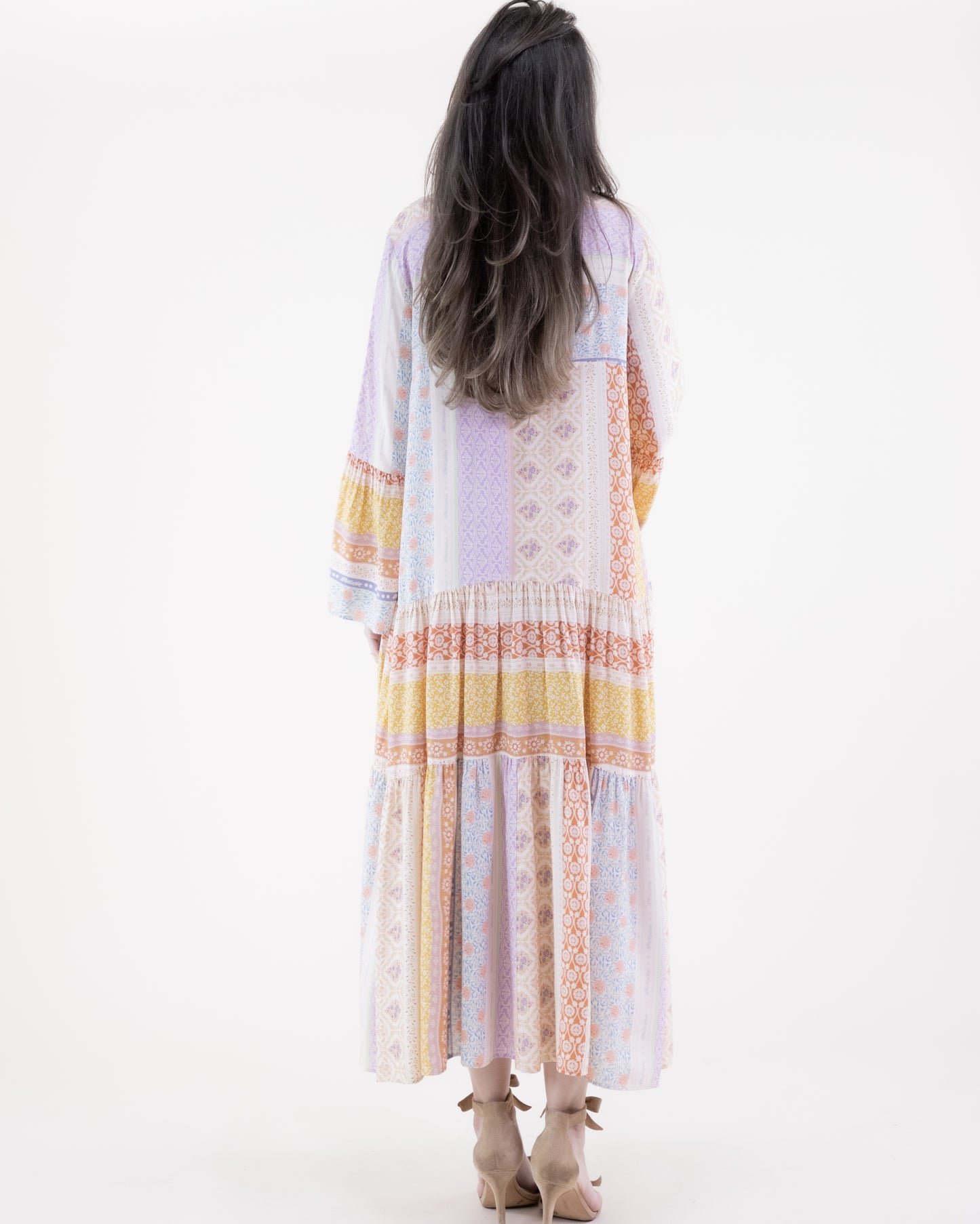 Floral Striped Drop Waist Tiered Shirt Dress