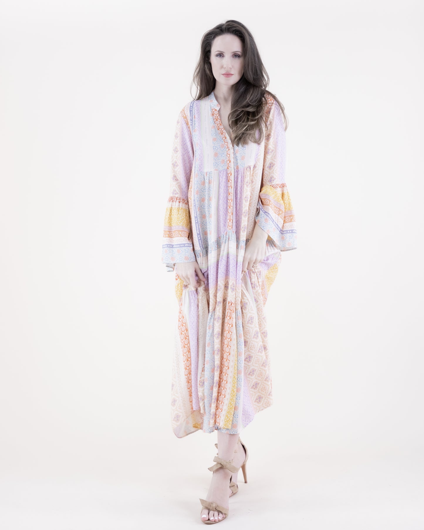 Floral Striped Drop Waist Tiered Shirt Dress