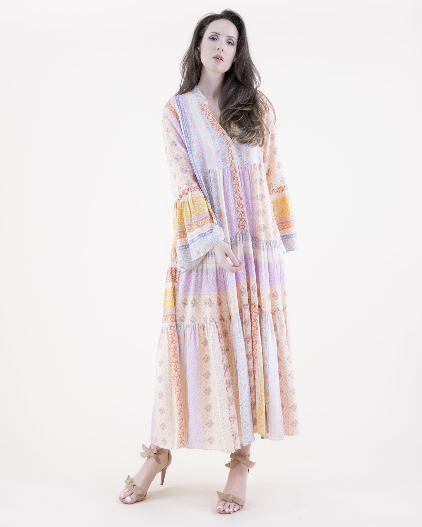 Floral Striped Drop Waist Tiered Shirt Dress