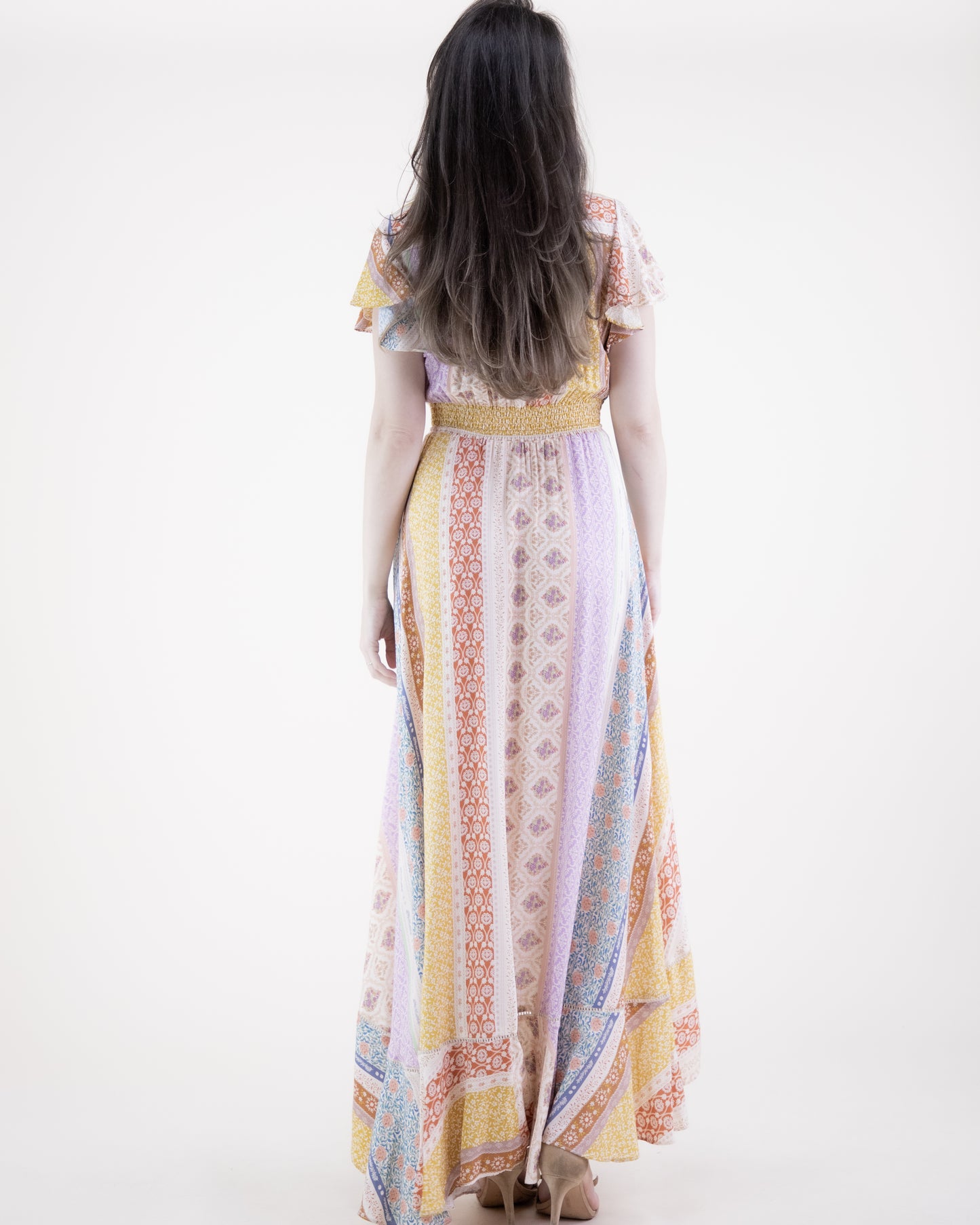 Floral Striped Butterfly Sleeve High Low Maxi Dress