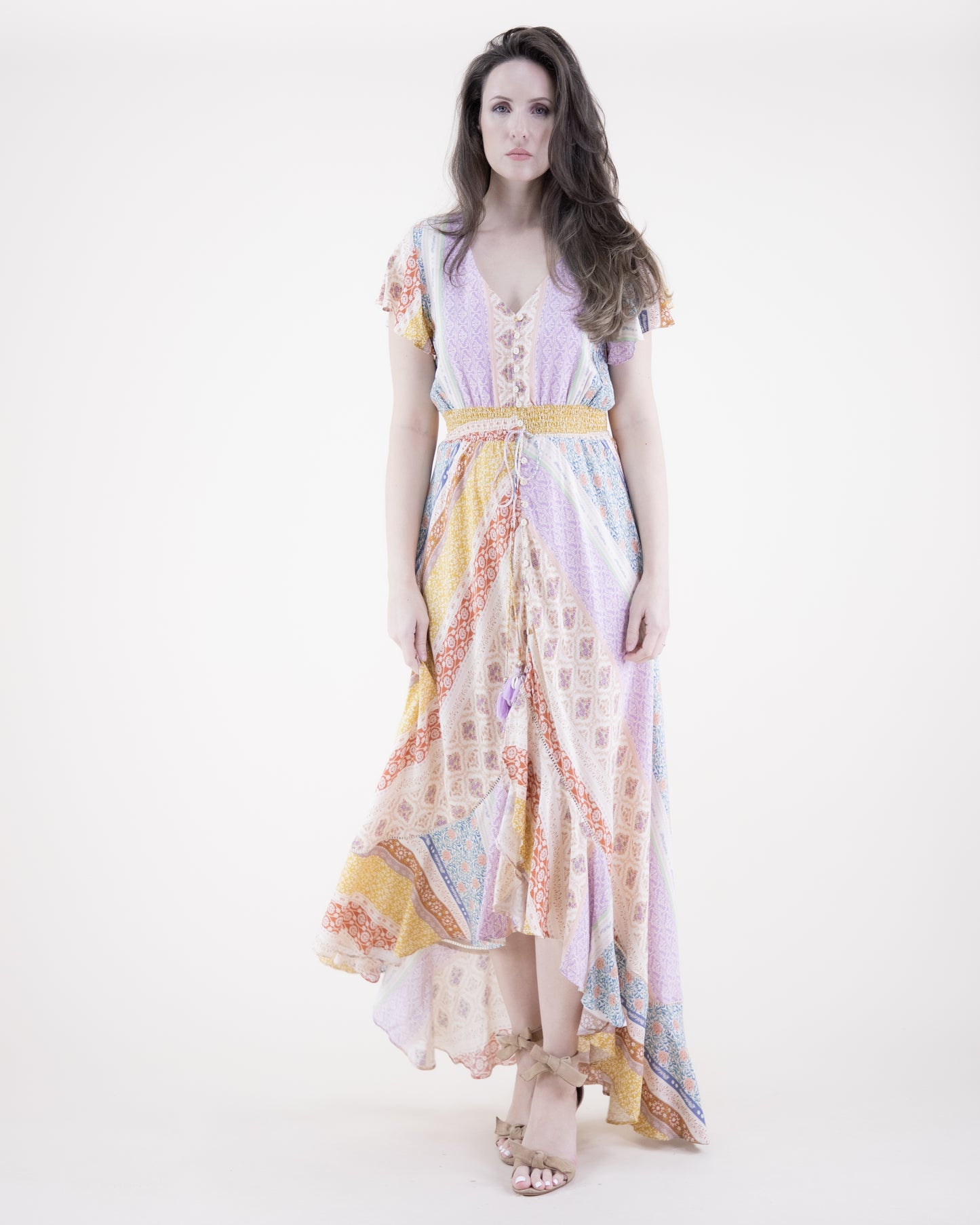 Floral Striped Butterfly Sleeve High Low Maxi Dress