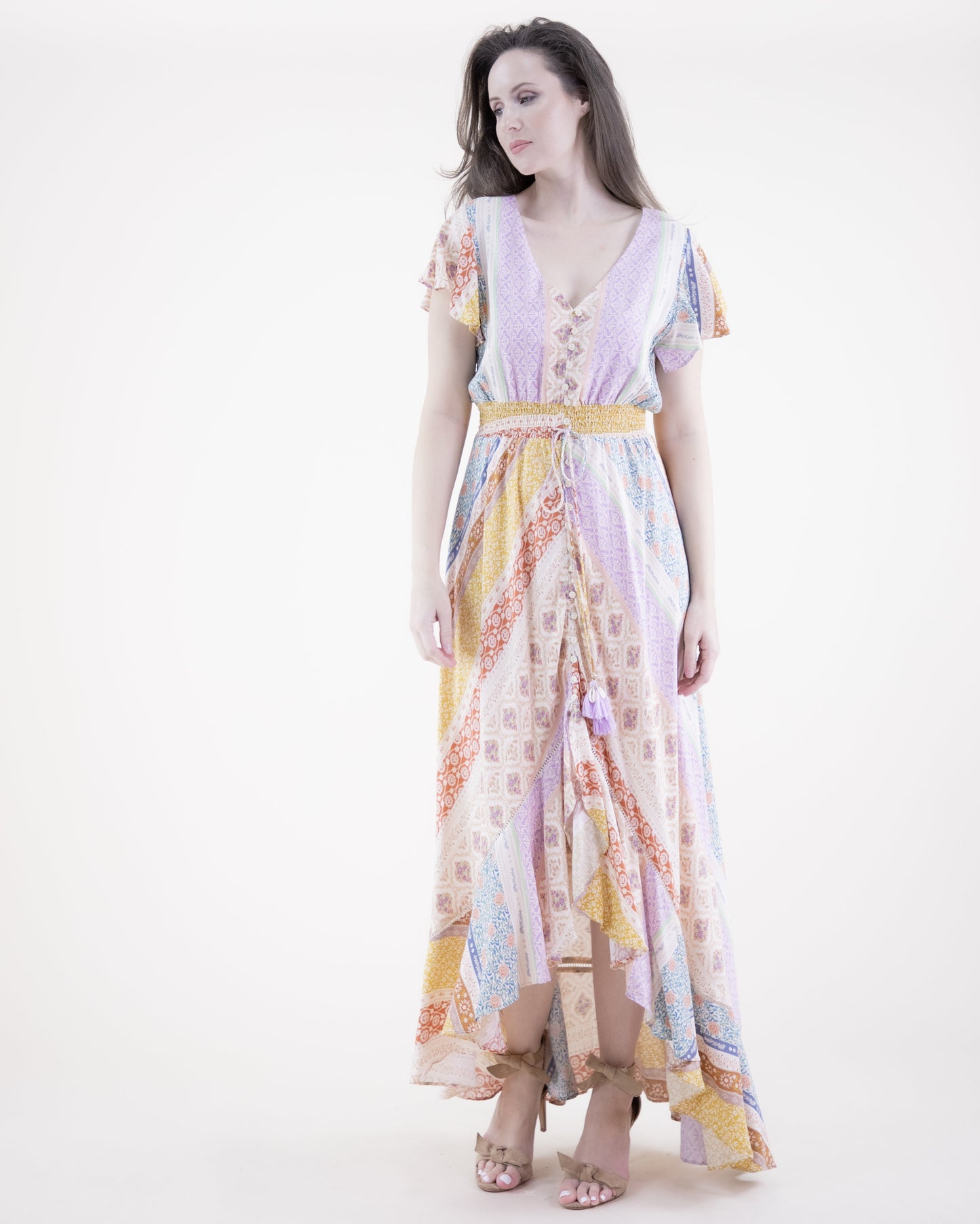 Floral Striped Butterfly Sleeve High Low Maxi Dress
