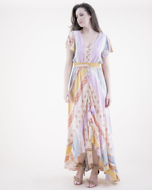 Floral Striped Butterfly Sleeve High Low Maxi Dress