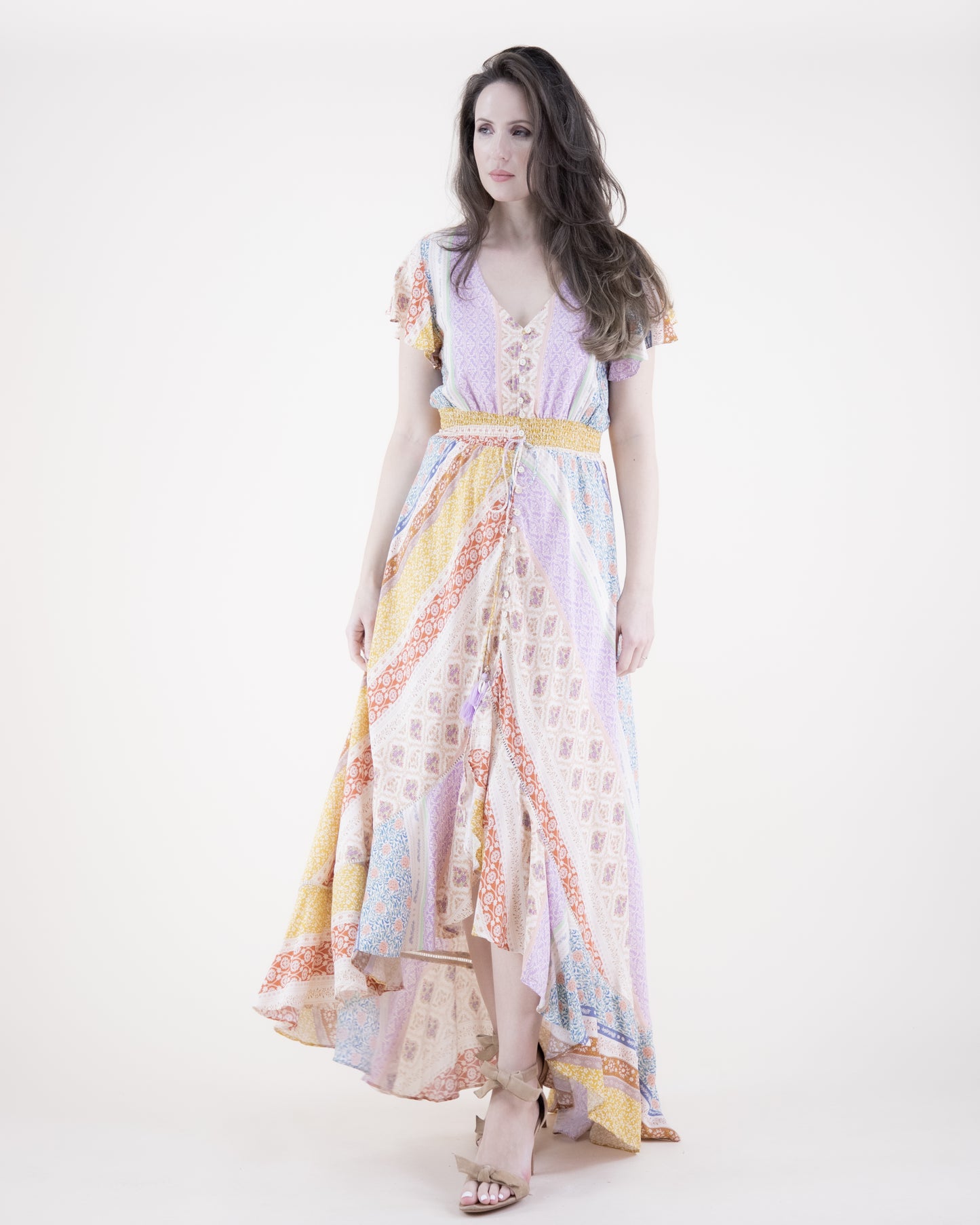 Floral Striped Butterfly Sleeve High Low Maxi Dress