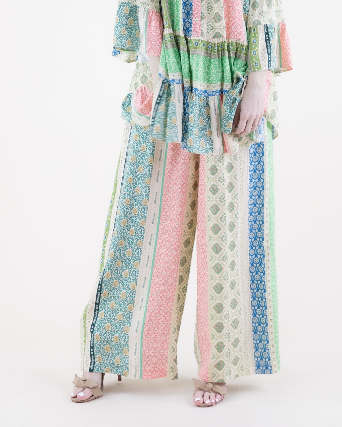 Floral Striped Pleated Wide Leg Pants
