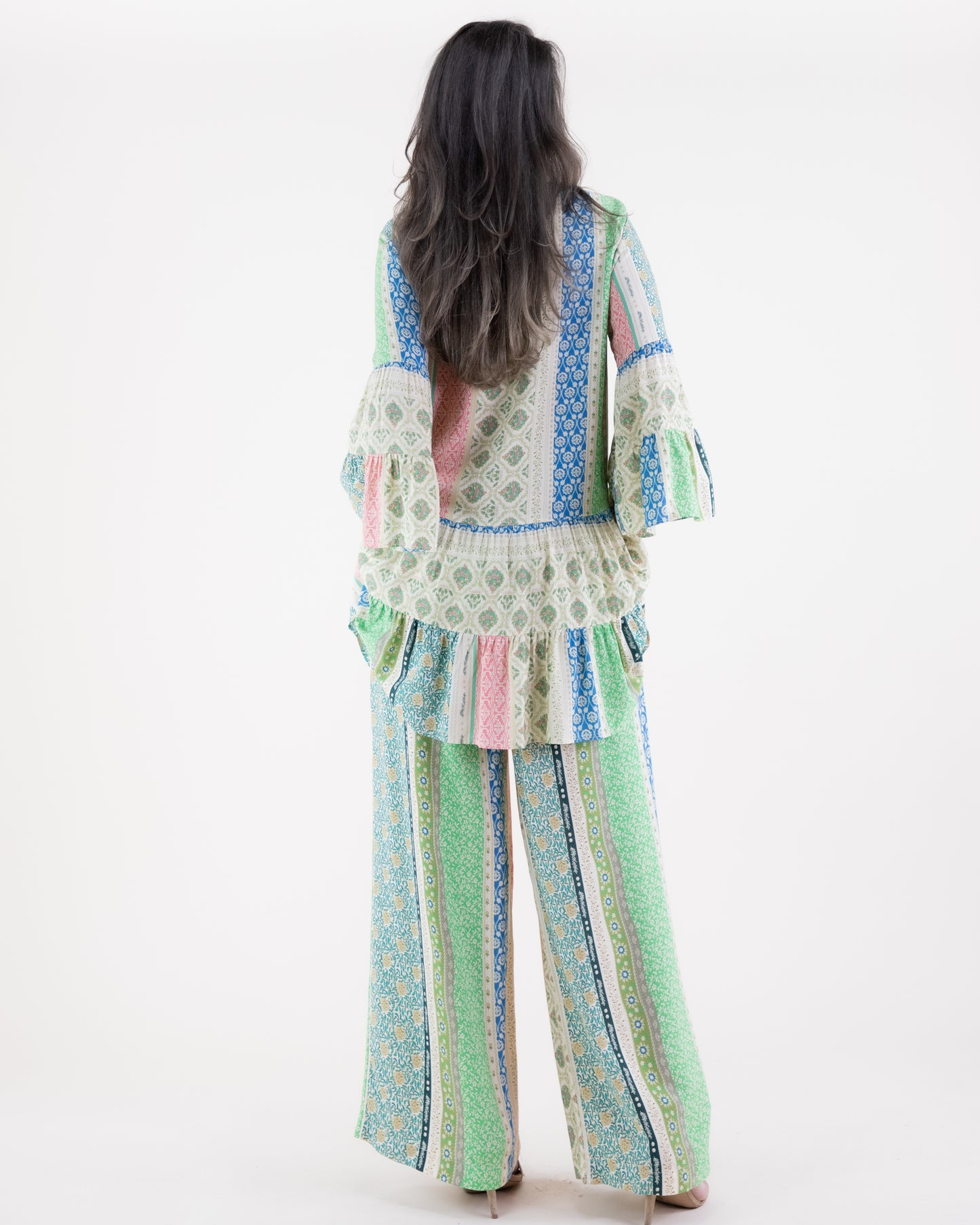 Floral Striped Pleated Wide Leg Pants