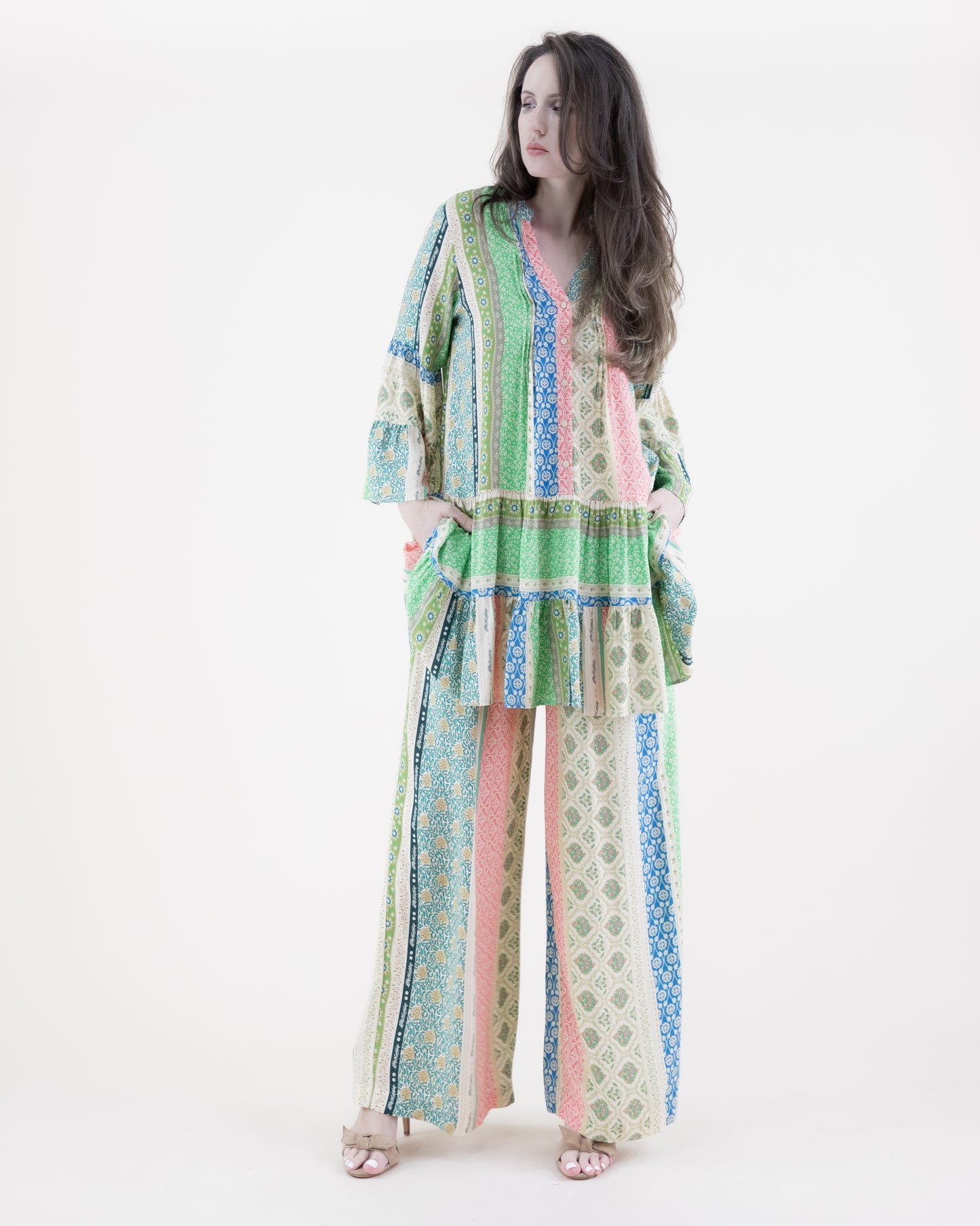 Floral Striped Pleated Wide Leg Pants