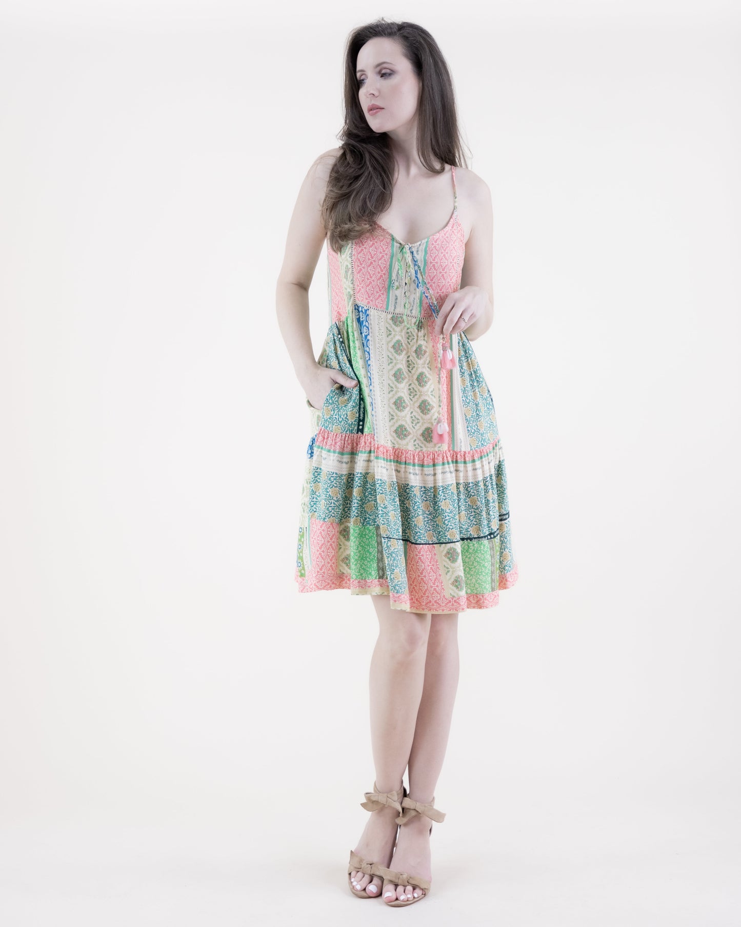 Floral Striped Thin Strap Ruffle Bottom Mini Dress