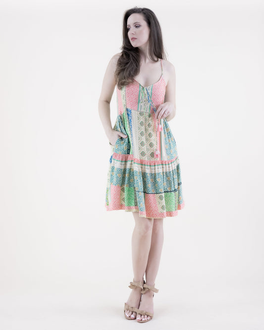 Floral Striped Thin Strap Ruffle Bottom Mini Dress
