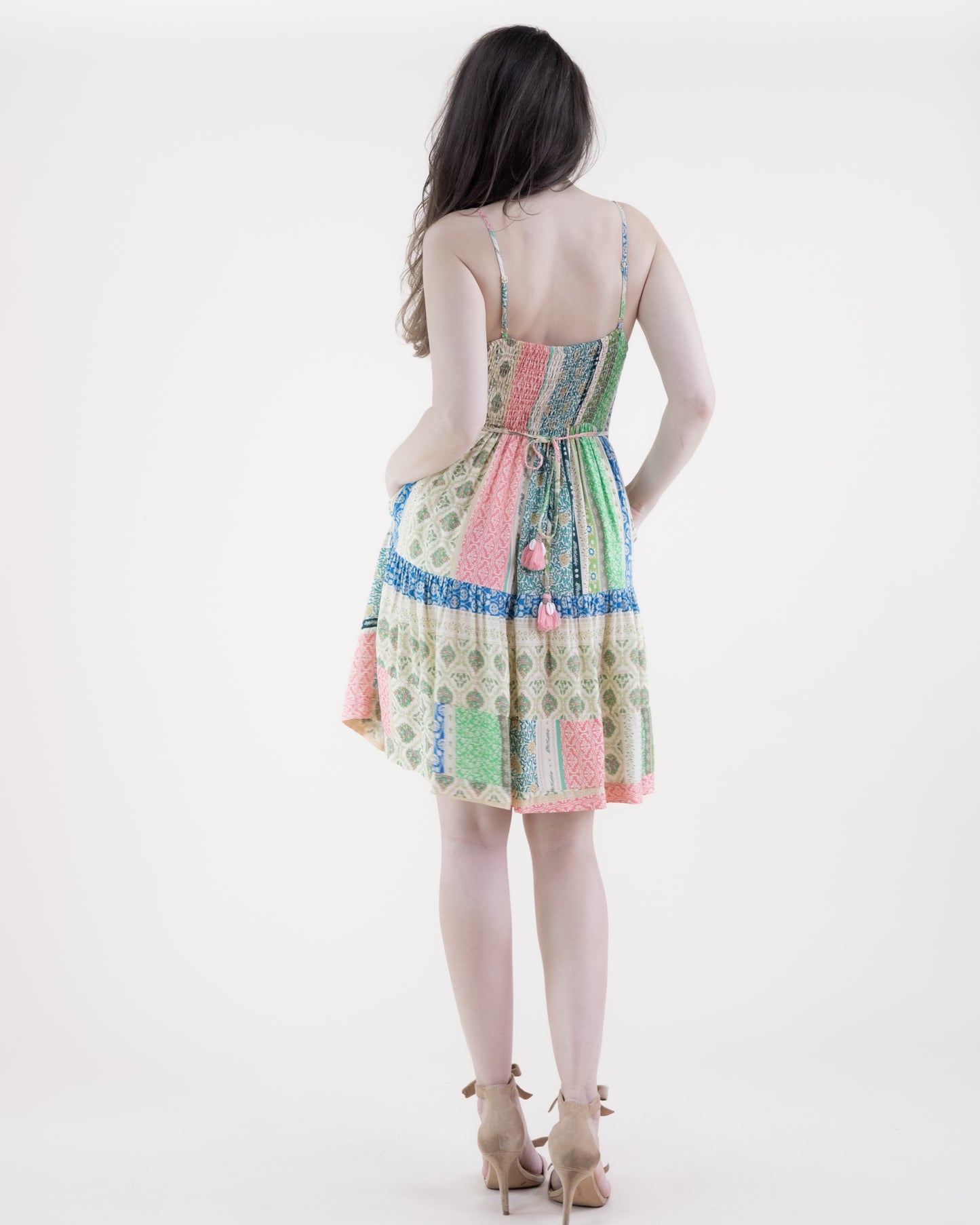 Floral Striped Thin Strap Ruffle Bottom Mini Dress