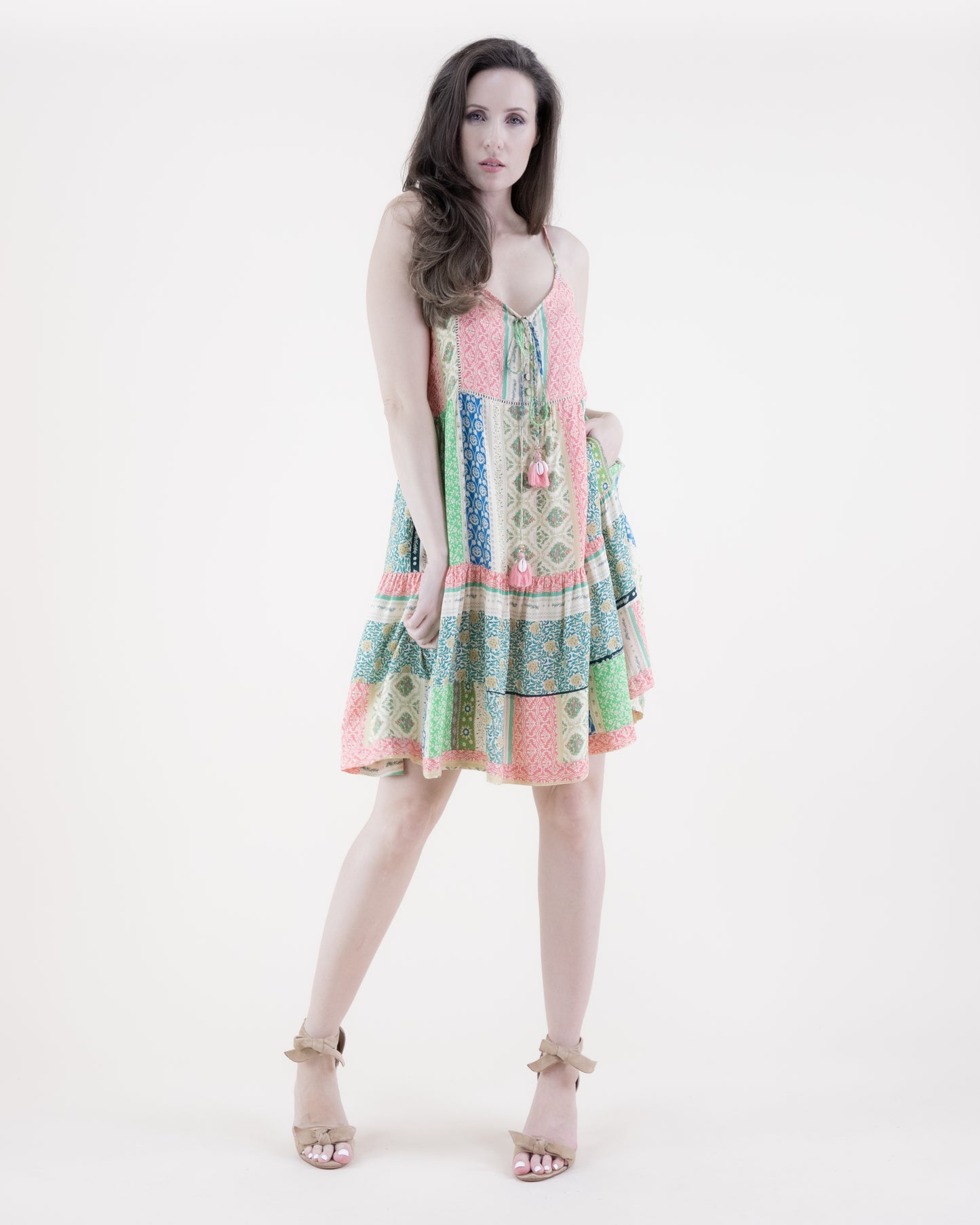 Floral Striped Thin Strap Ruffle Bottom Mini Dress