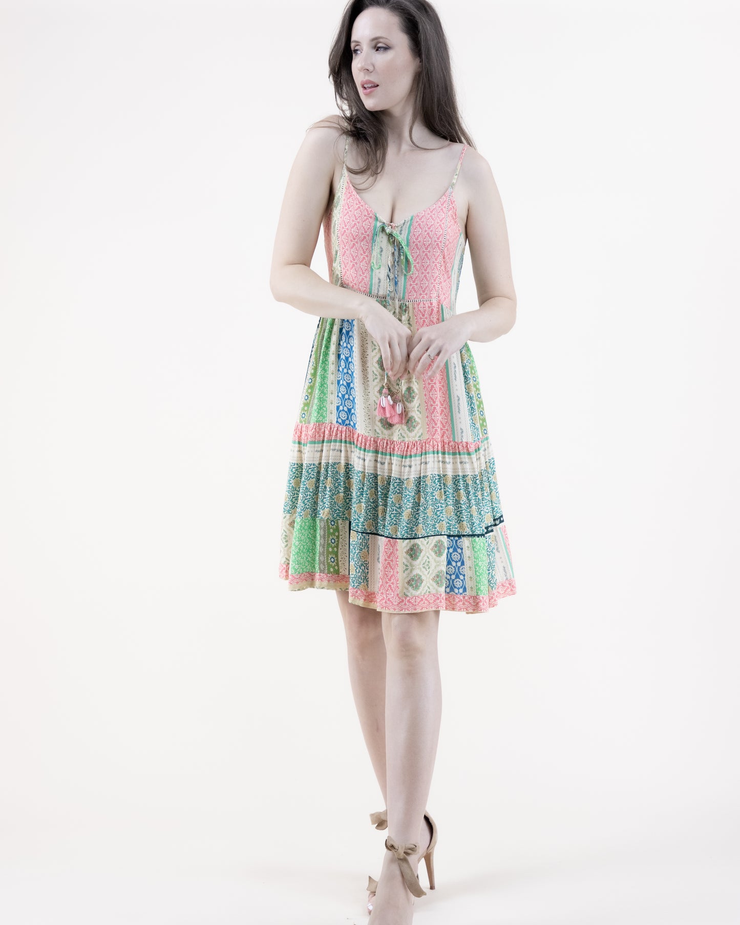 Floral Striped Thin Strap Ruffle Bottom Mini Dress