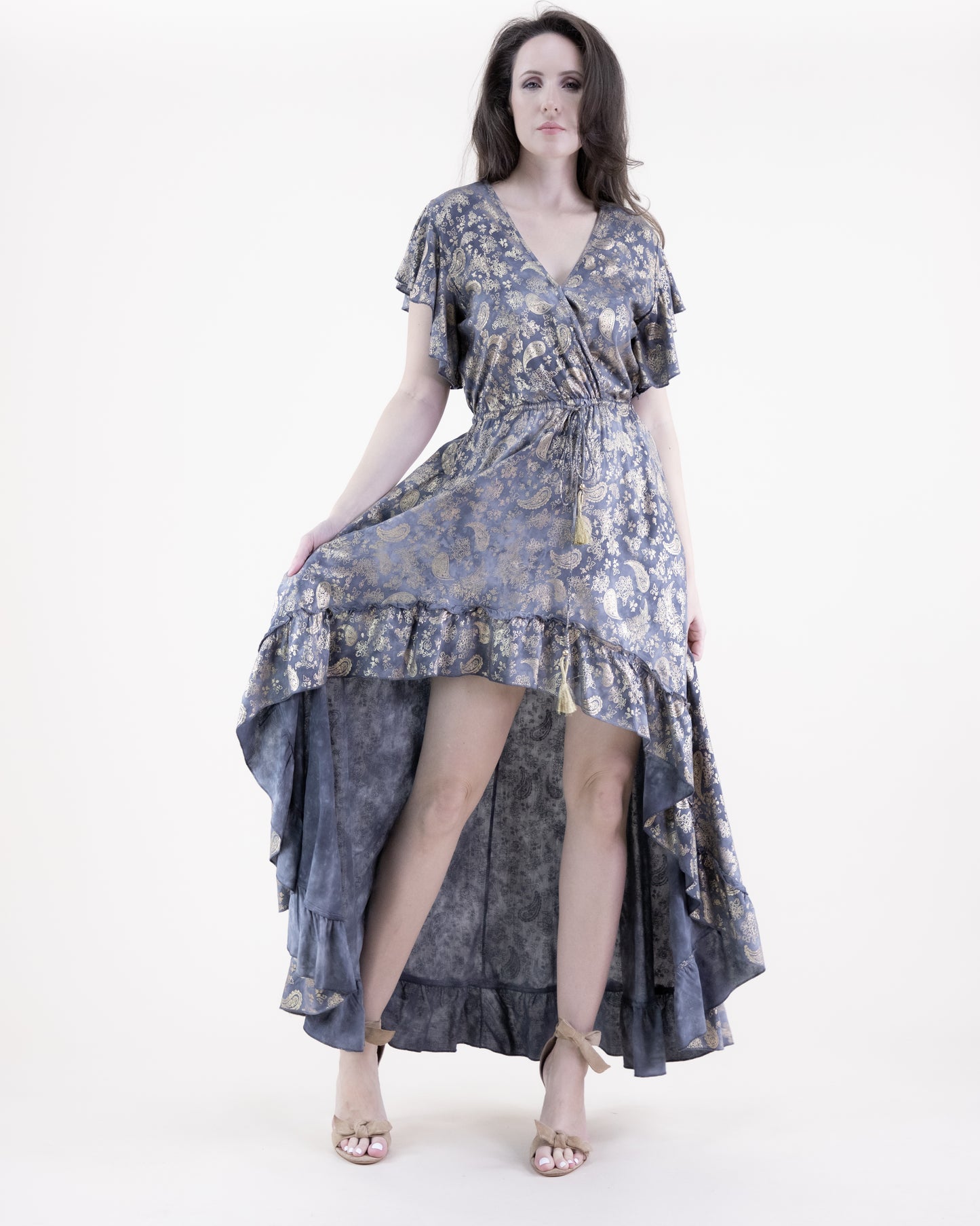 Luster Paisley Surplice High Low Dress
