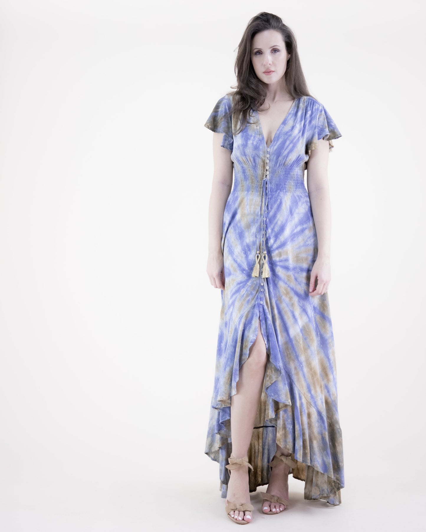 Butterfly Sleeve Tie Dye High Low Maxi Dress