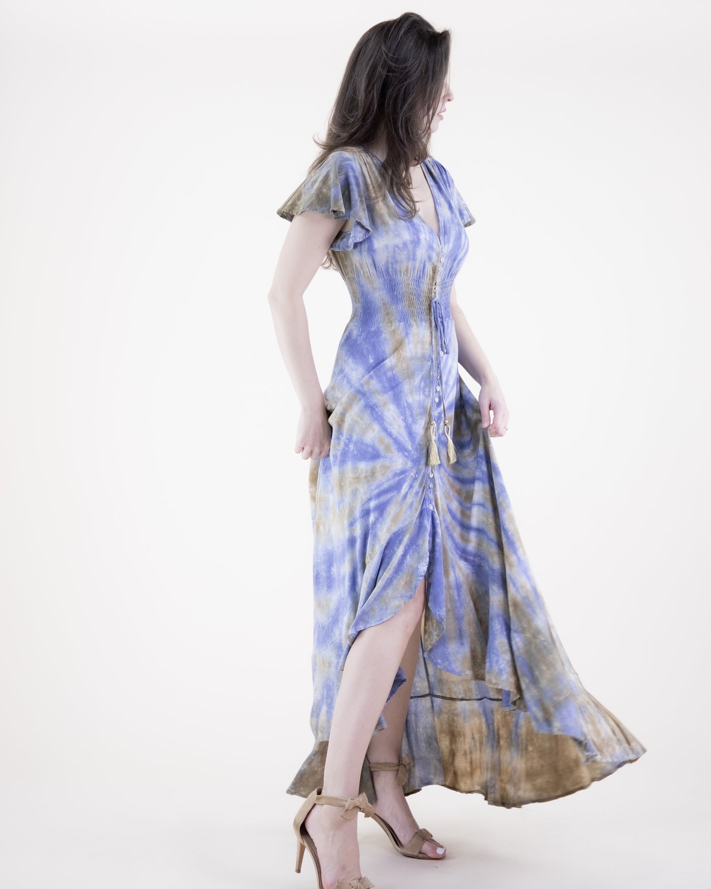 Butterfly Sleeve Tie Dye High Low Maxi Dress