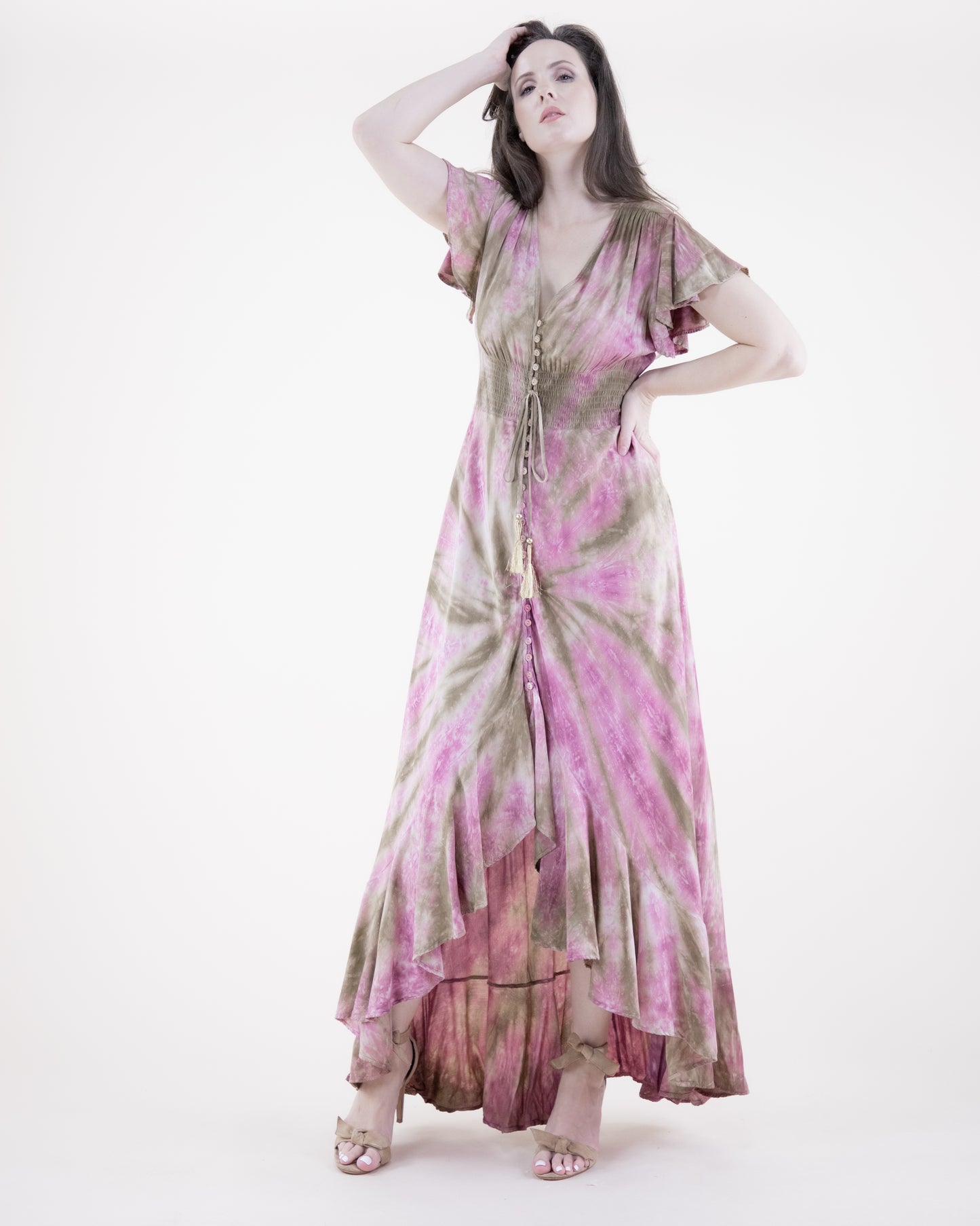 Butterfly Sleeve Tie Dye High Low Maxi Dress