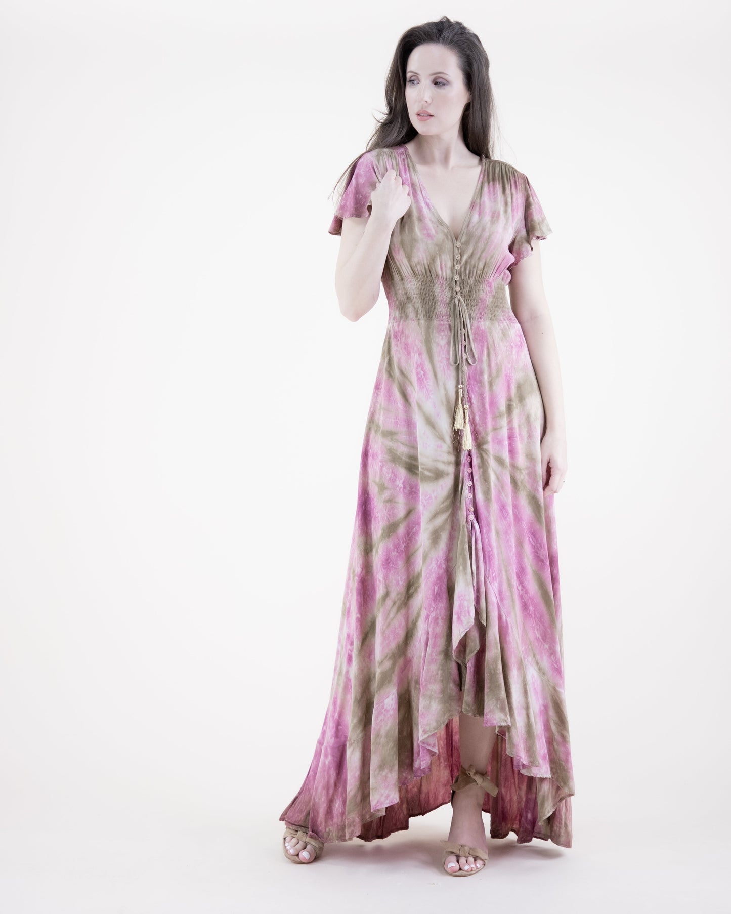 Butterfly Sleeve Tie Dye High Low Maxi Dress