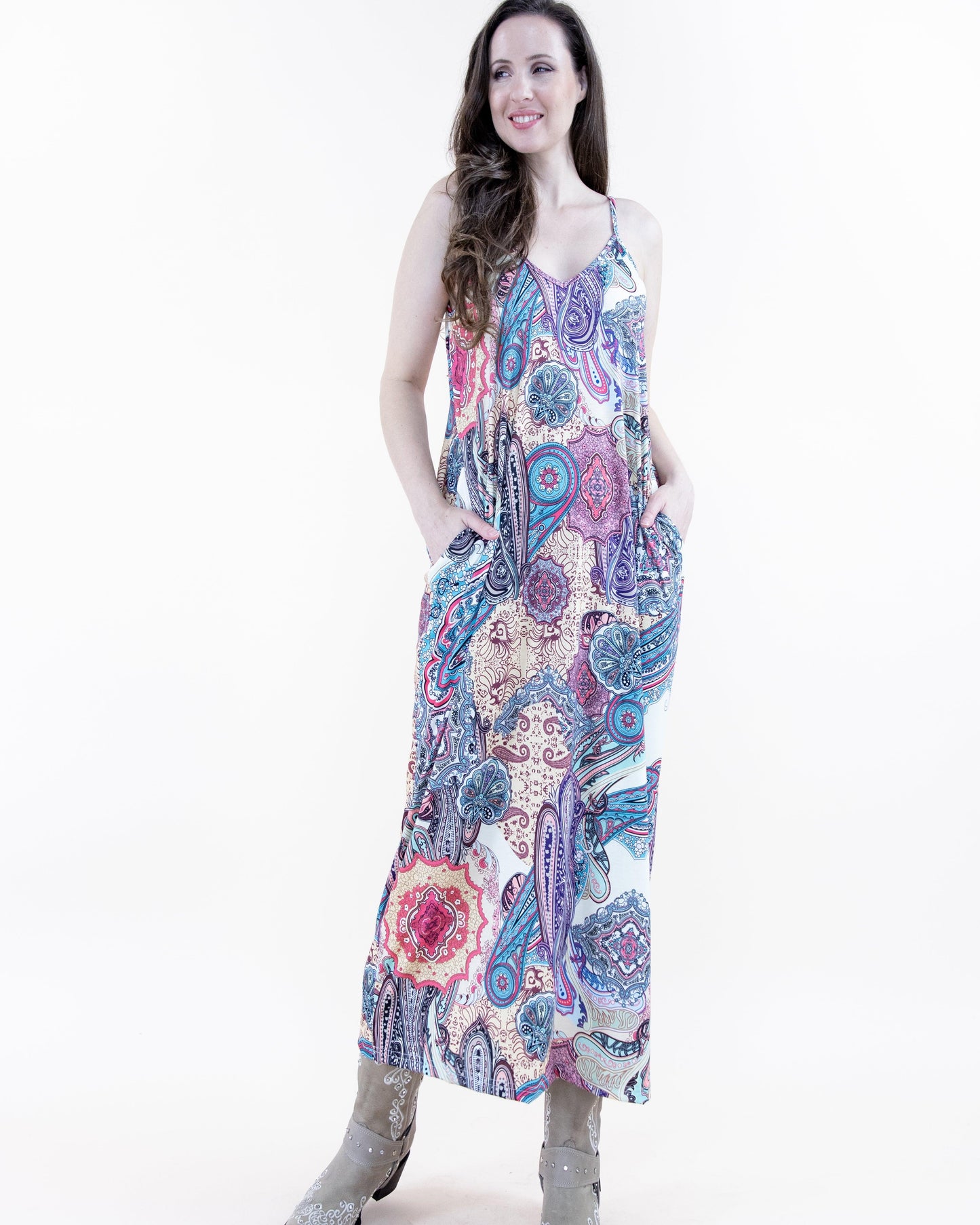 Bohemian Paisley Print Sleeveless Maxi Dress