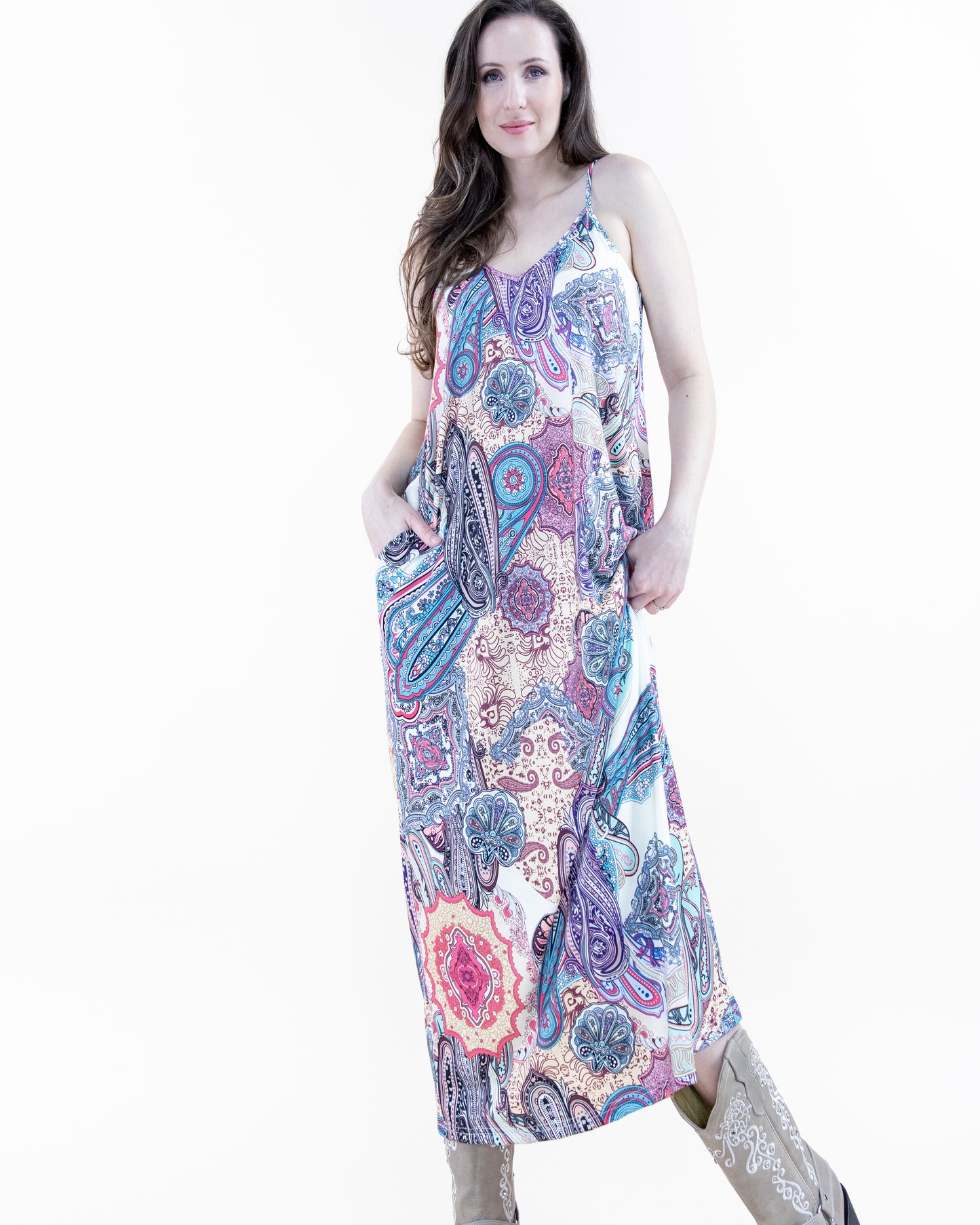 Bohemian Paisley Print Sleeveless Maxi Dress