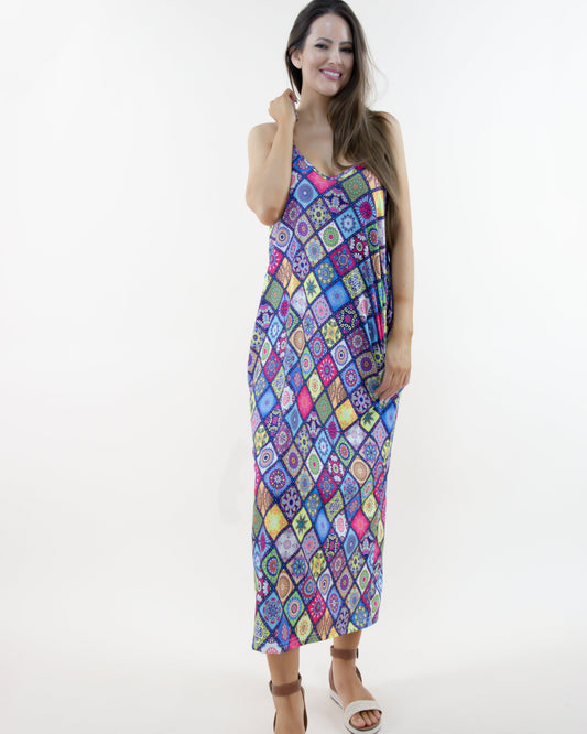 Colorful Floral Paisley Quilt Print Maxi Dress