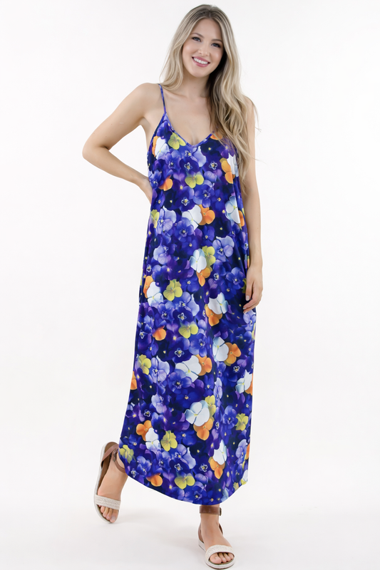 Pansy Flower Print Maxi Dress