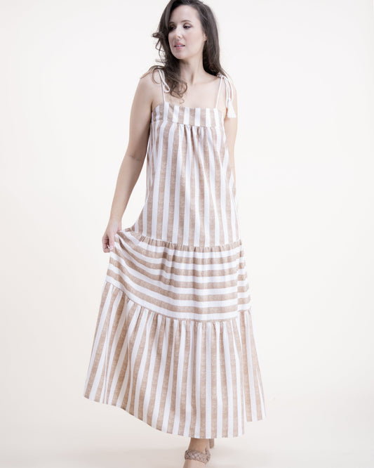 Relaxed Cotton Linen Stripe Rope Straps Maxi Dress