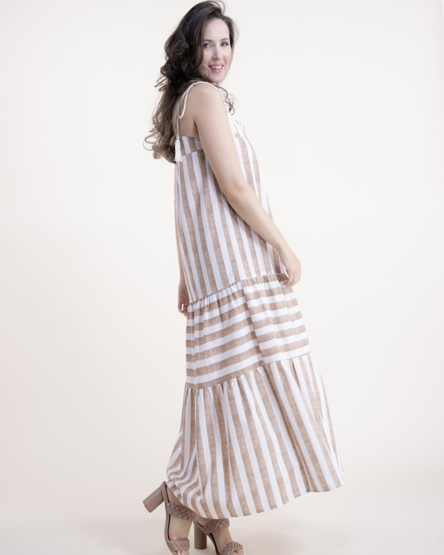 Relaxed Cotton Linen Stripe Rope Straps Maxi Dress