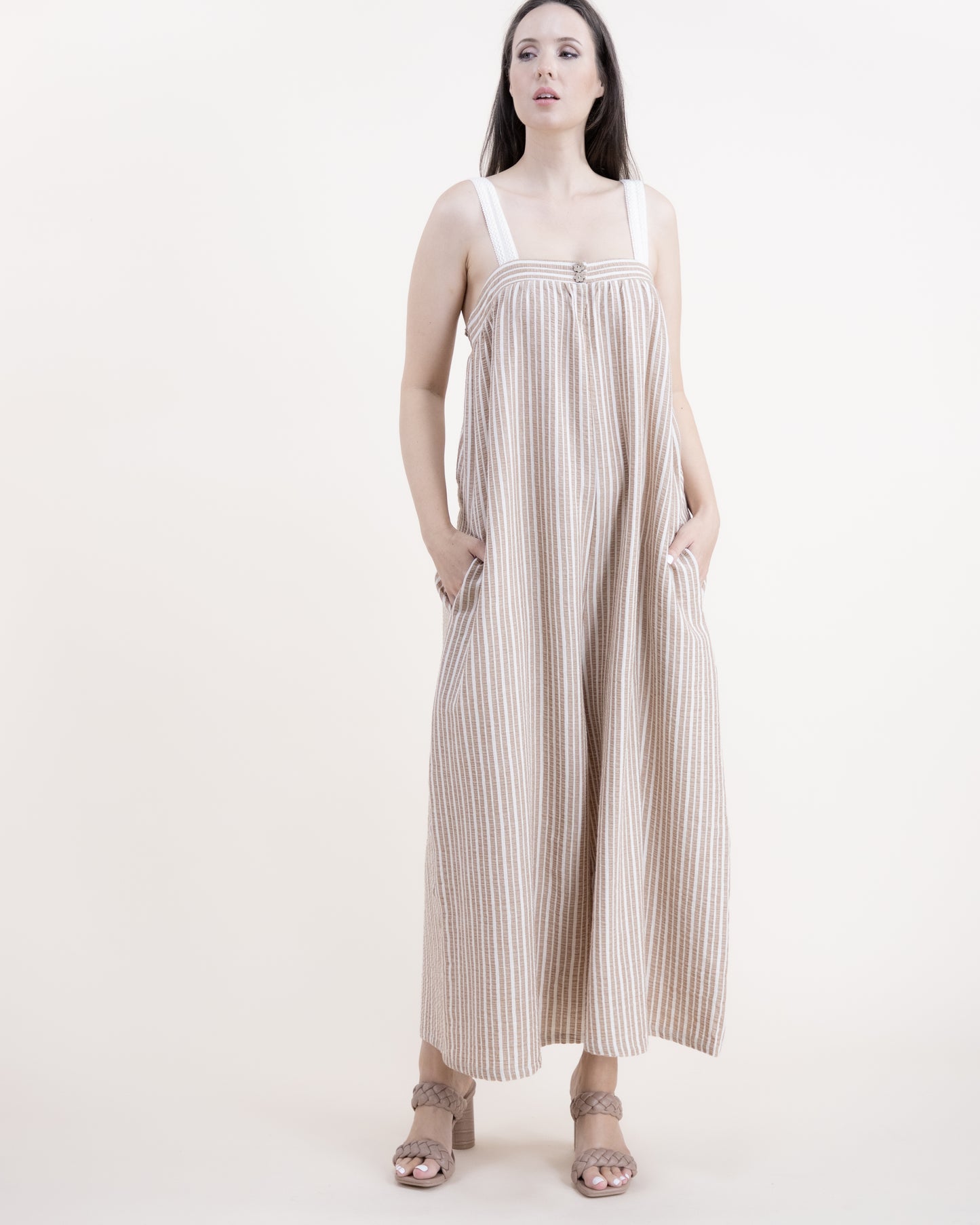 Relaxed Cotton Linen Stripe Gauze Jumpsuit