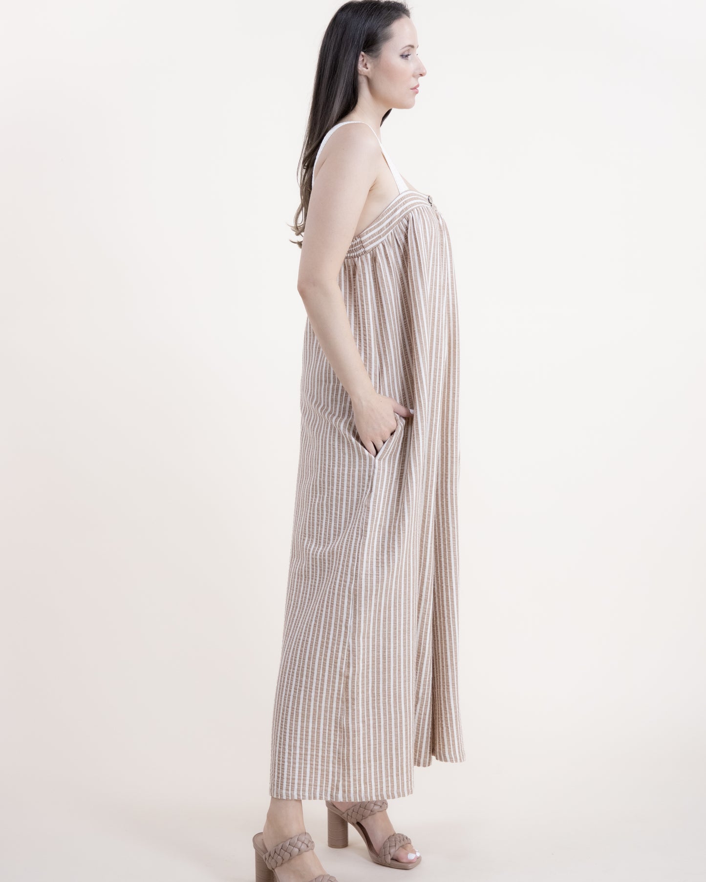 Relaxed Cotton Linen Stripe Gauze Jumpsuit