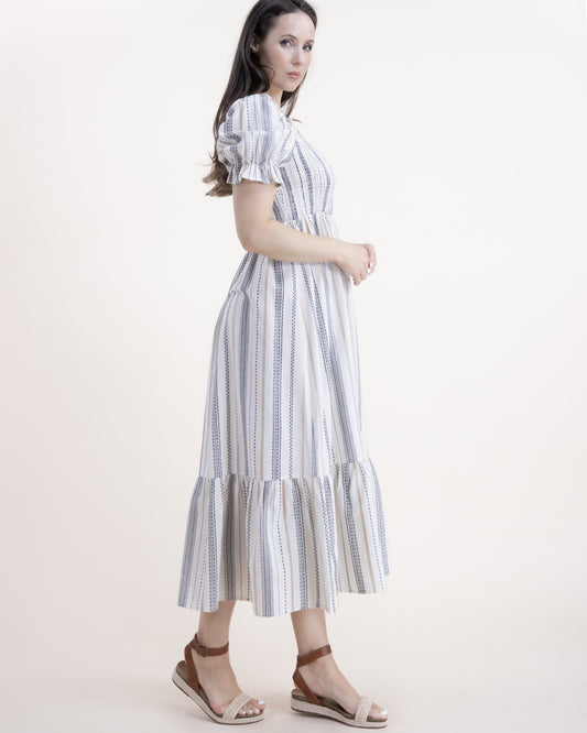 Cotton Linen Pinstripe Shirred Body Midi Dress