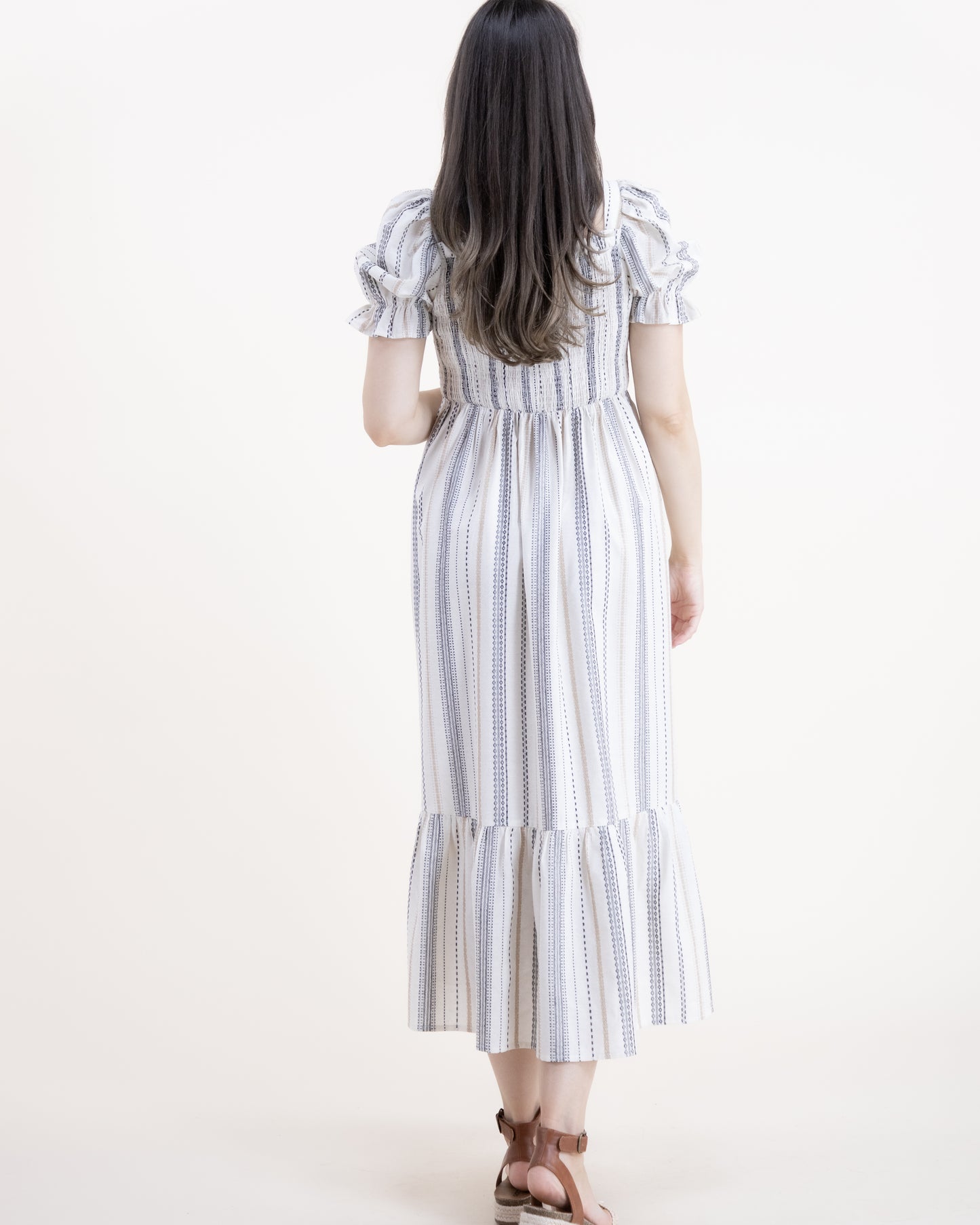Cotton Linen Pinstripe Shirred Body Midi Dress