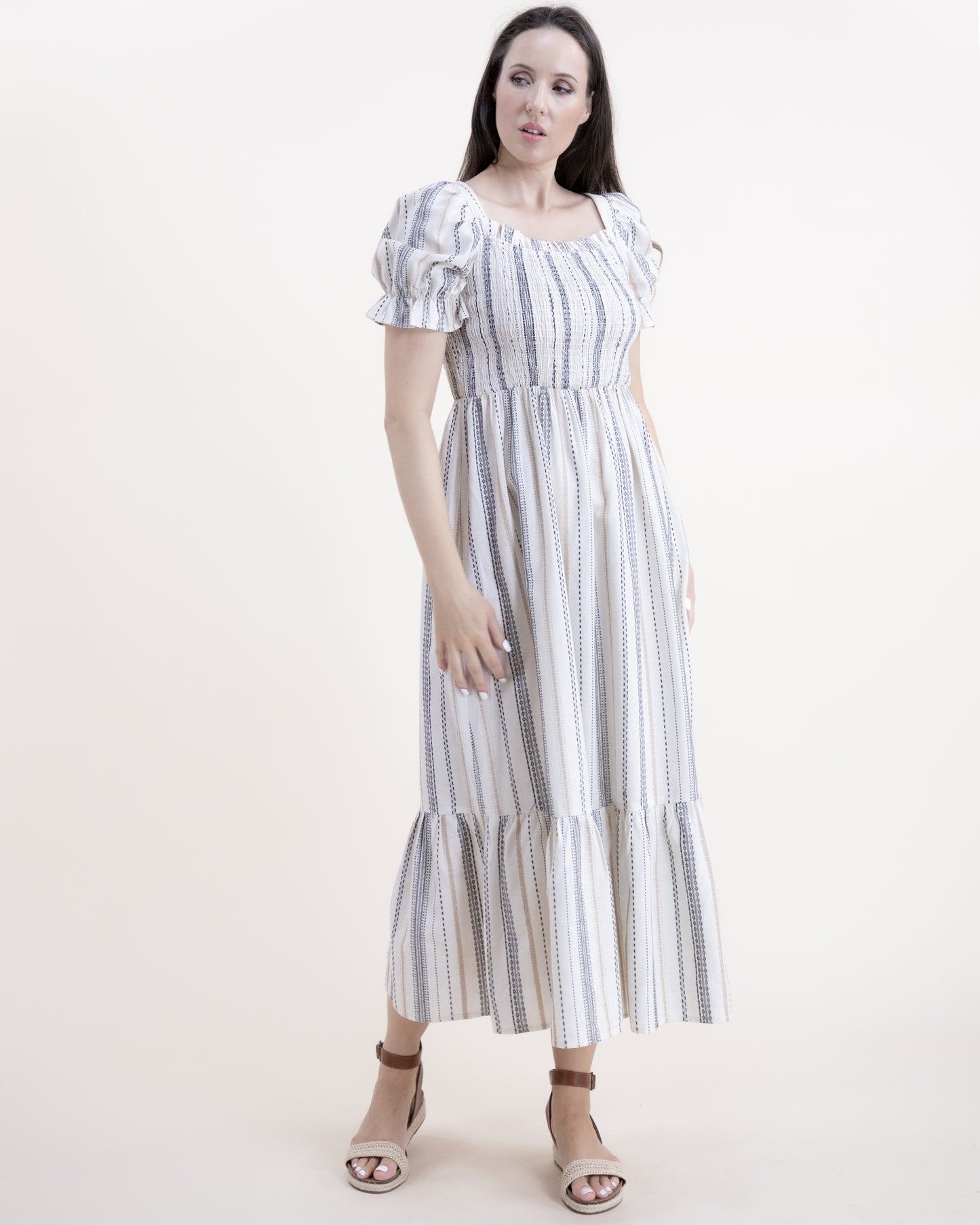 Cotton Linen Pinstripe Shirred Body Midi Dress