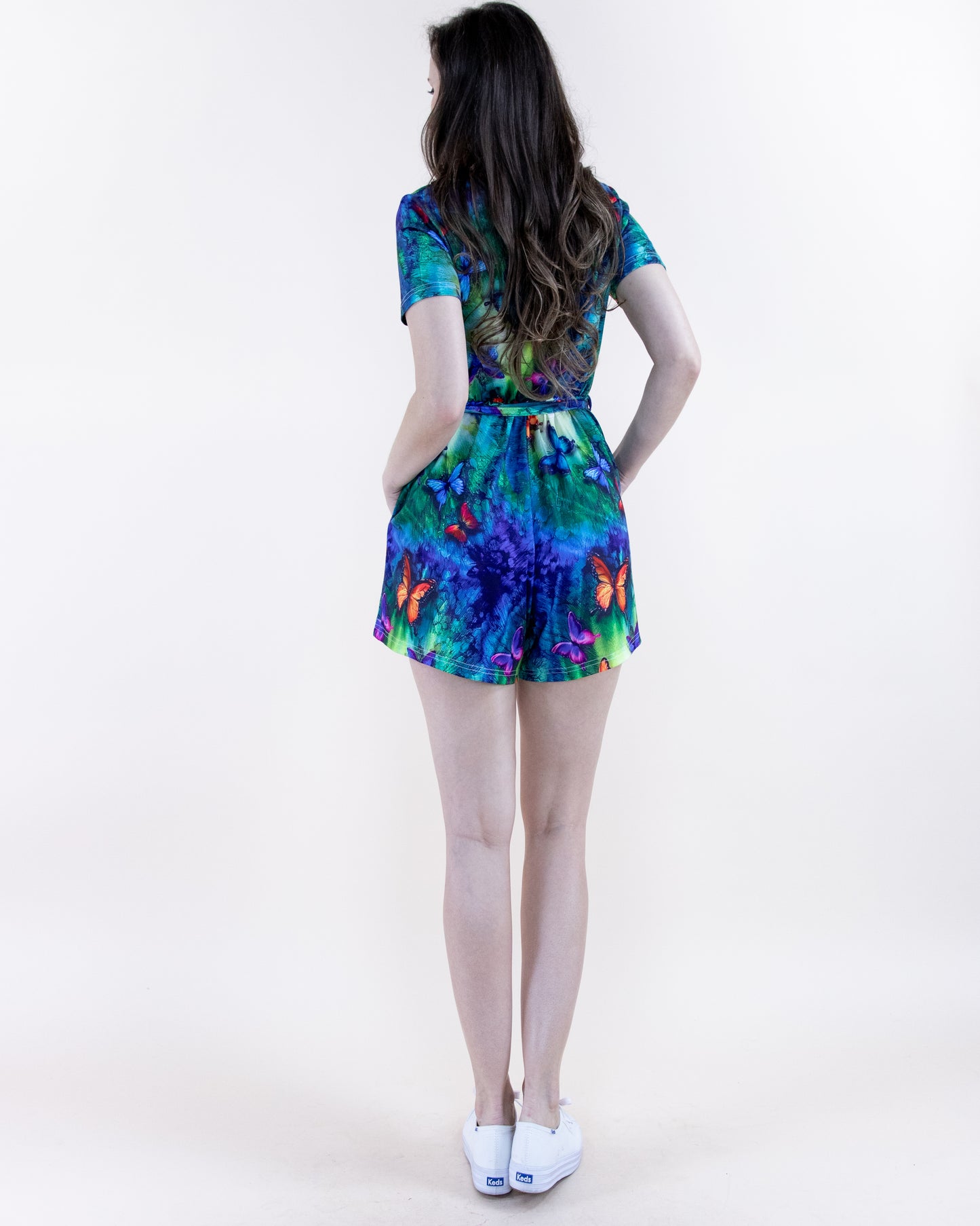 Colorful Butterfly Print Short Sleeve Romper with Waistband
